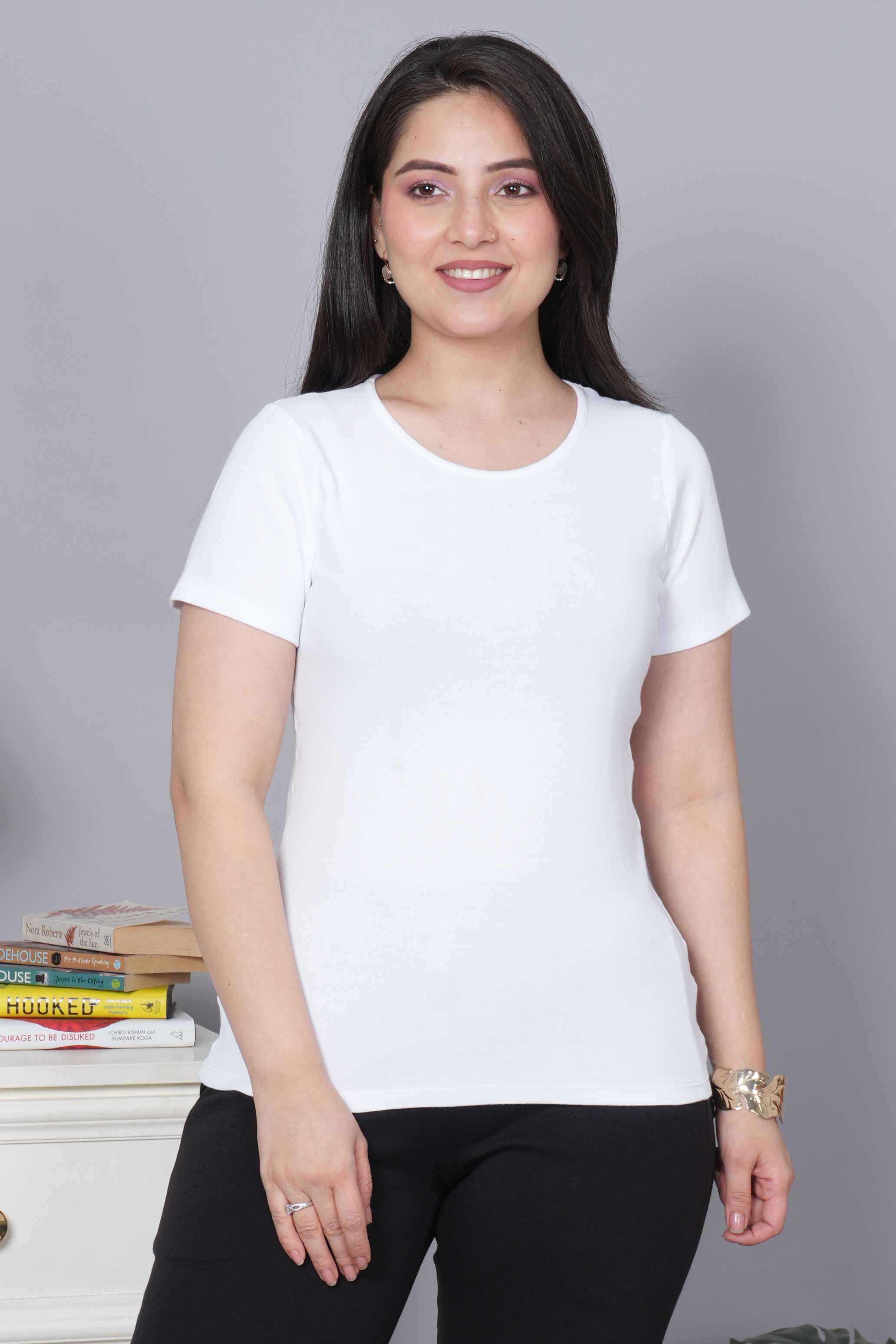White Stretchable Rib T Shirt [ 100% USA HQ Cotton, 280 GSM non transparent fabric ]