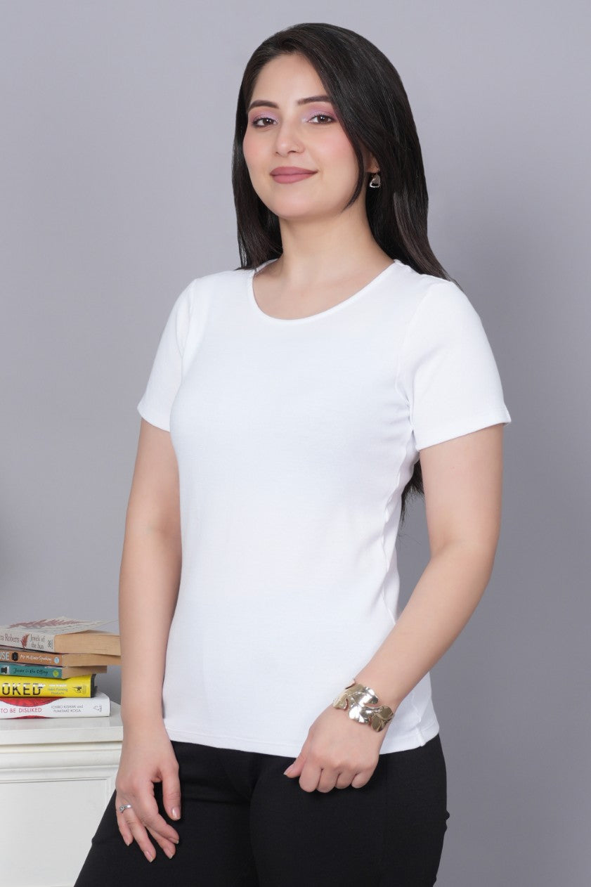 White Stretchable Rib T Shirt [ 100% USA HQ Cotton, 280 GSM non transparent fabric ]
