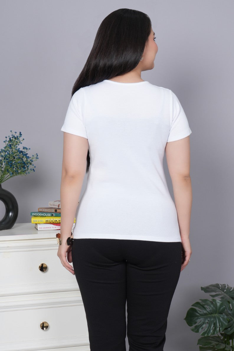 White Stretchable Rib T Shirt [ 100% USA HQ Cotton, 280 GSM non transparent fabric ]