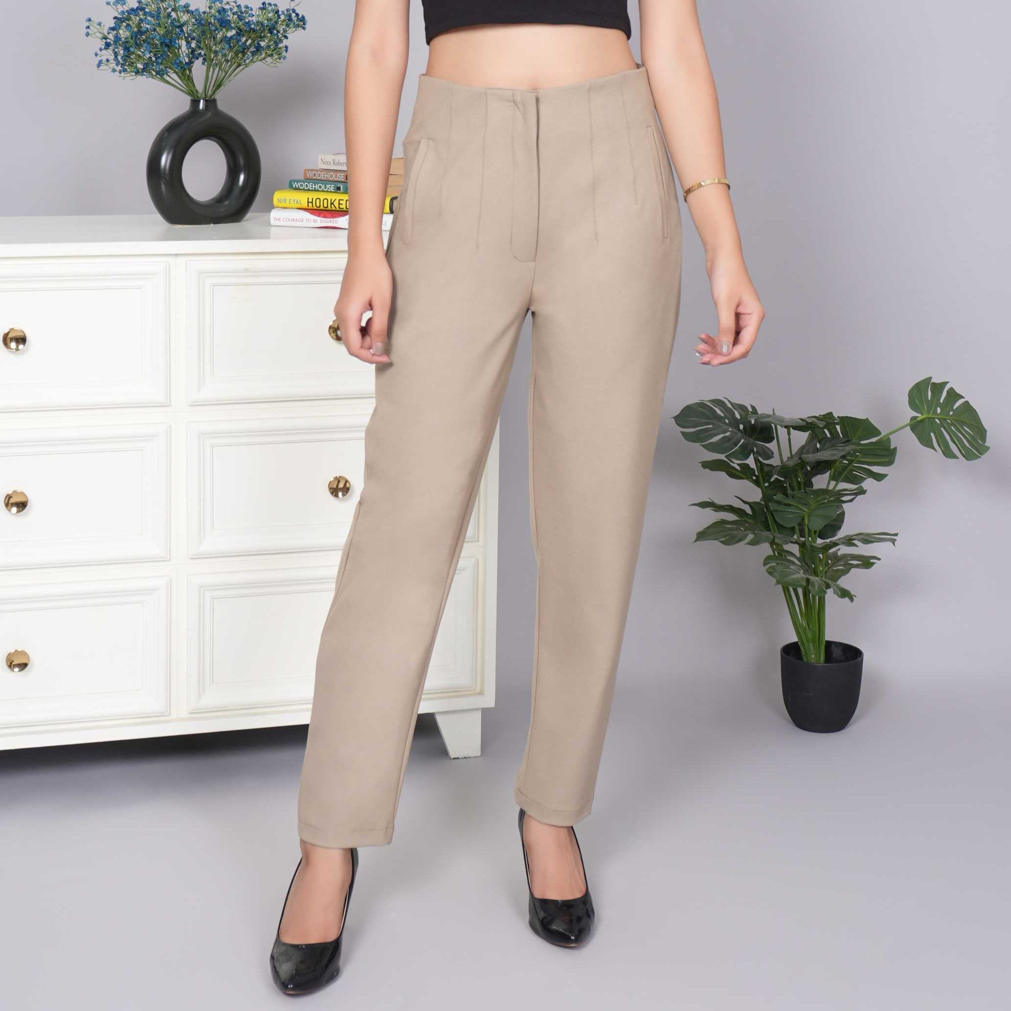Beige high waist pleated pant with spandex [Straight fit]