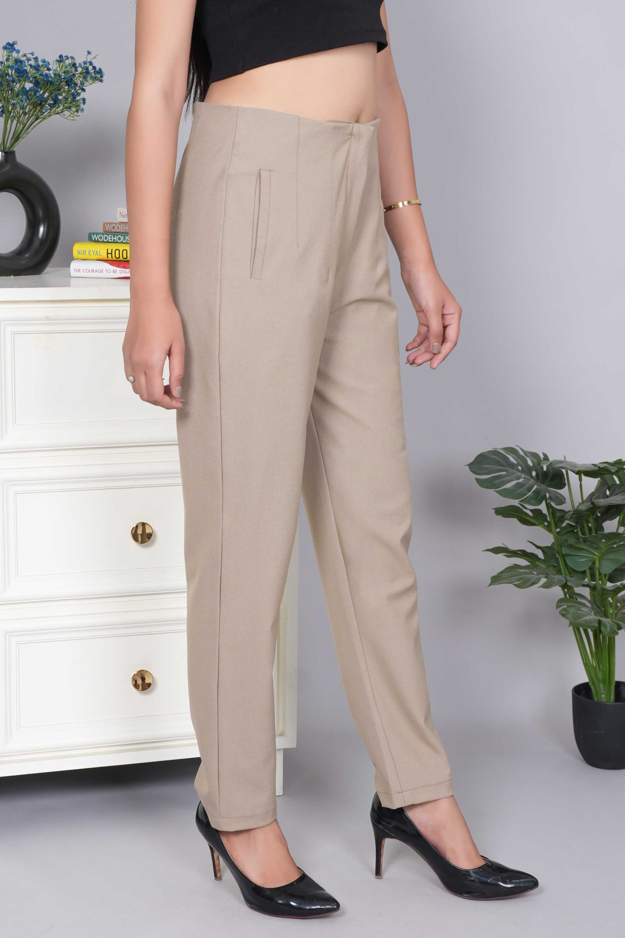 Beige high waist pleated pant with spandex [Straight fit]