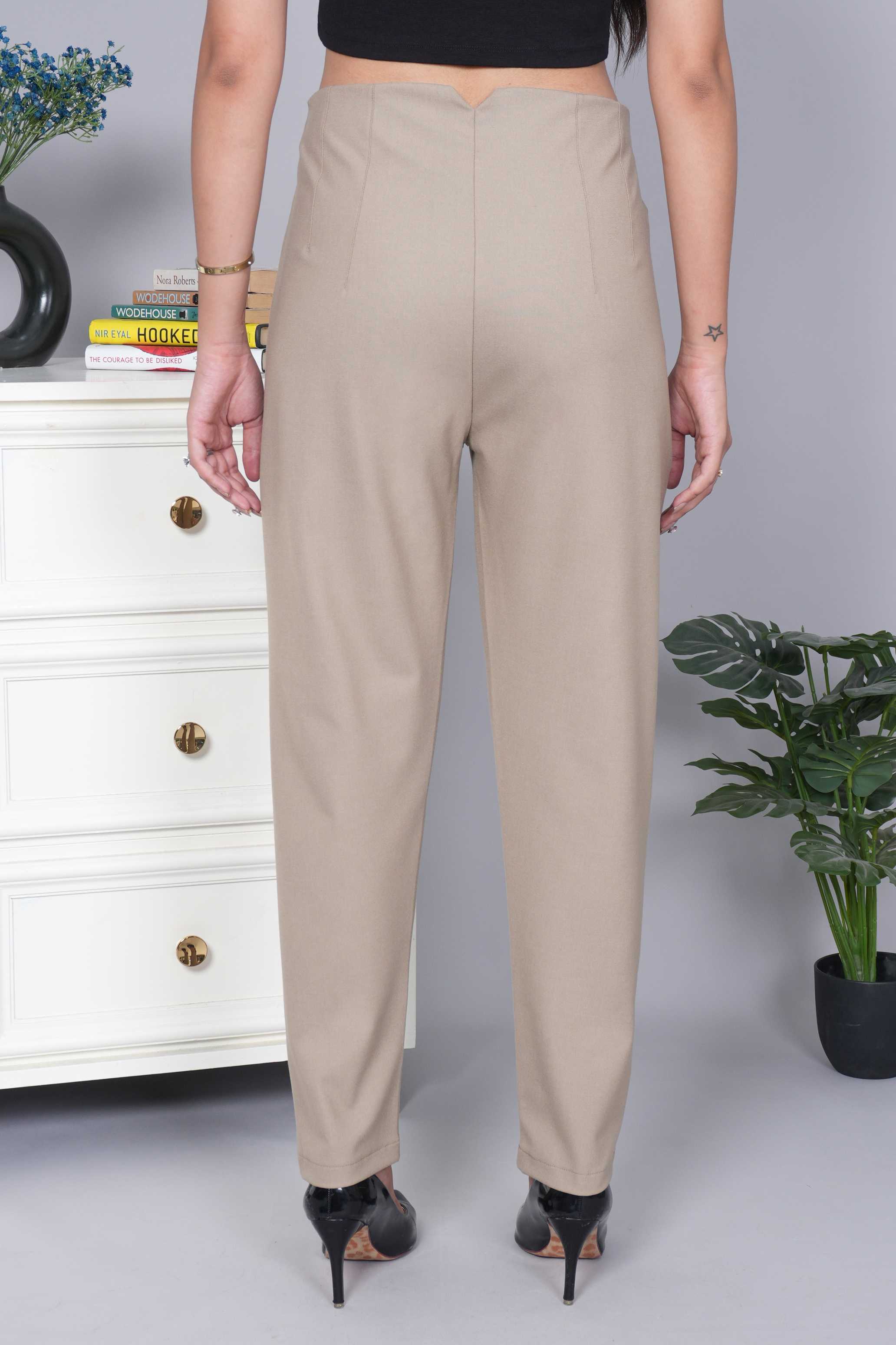 Beige high waist pleated pant with spandex [Straight fit]