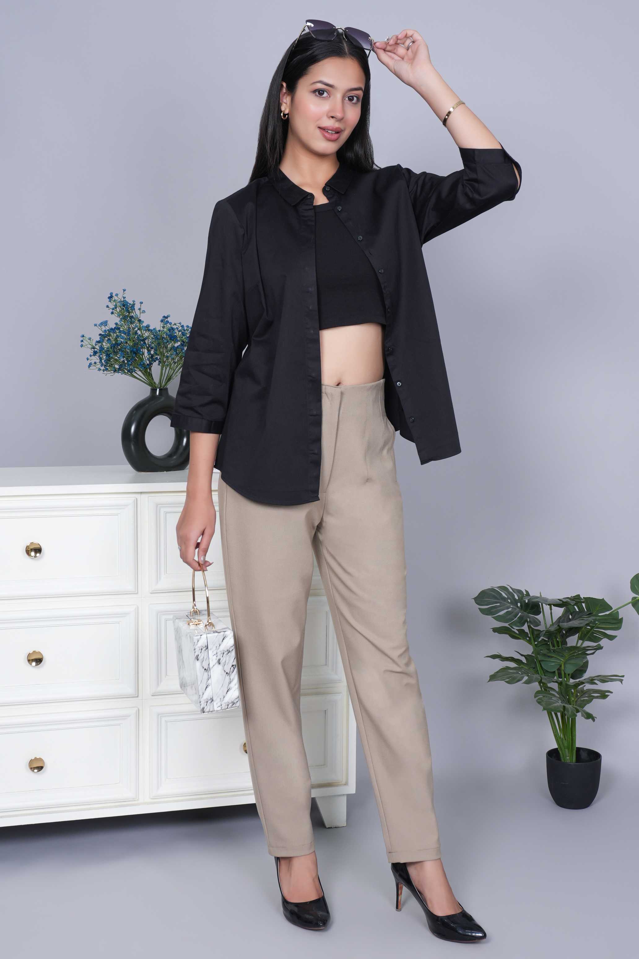 Beige high waist pleated pant with spandex [Straight fit]