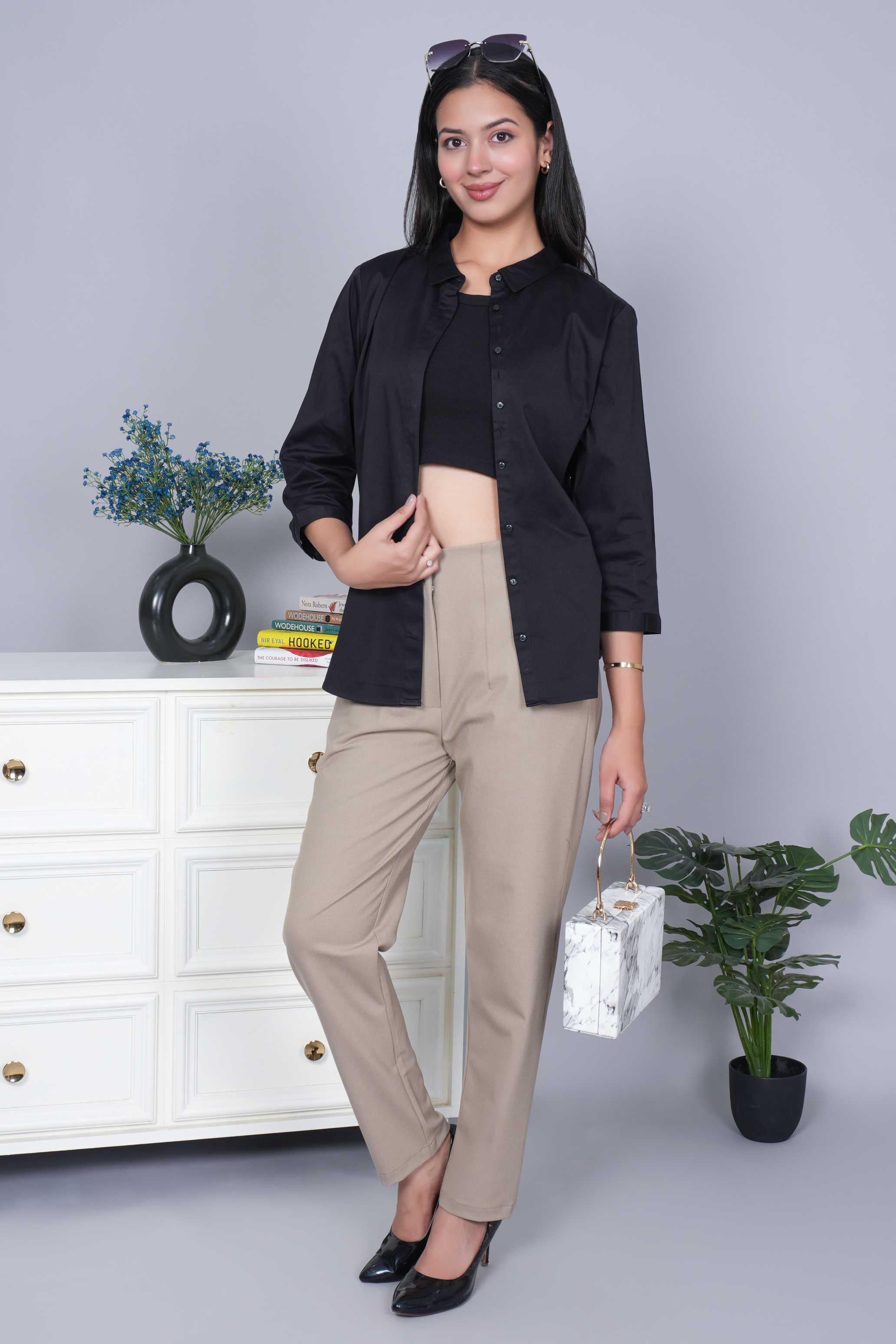 Beige high waist pleated pant with spandex [Straight fit]
