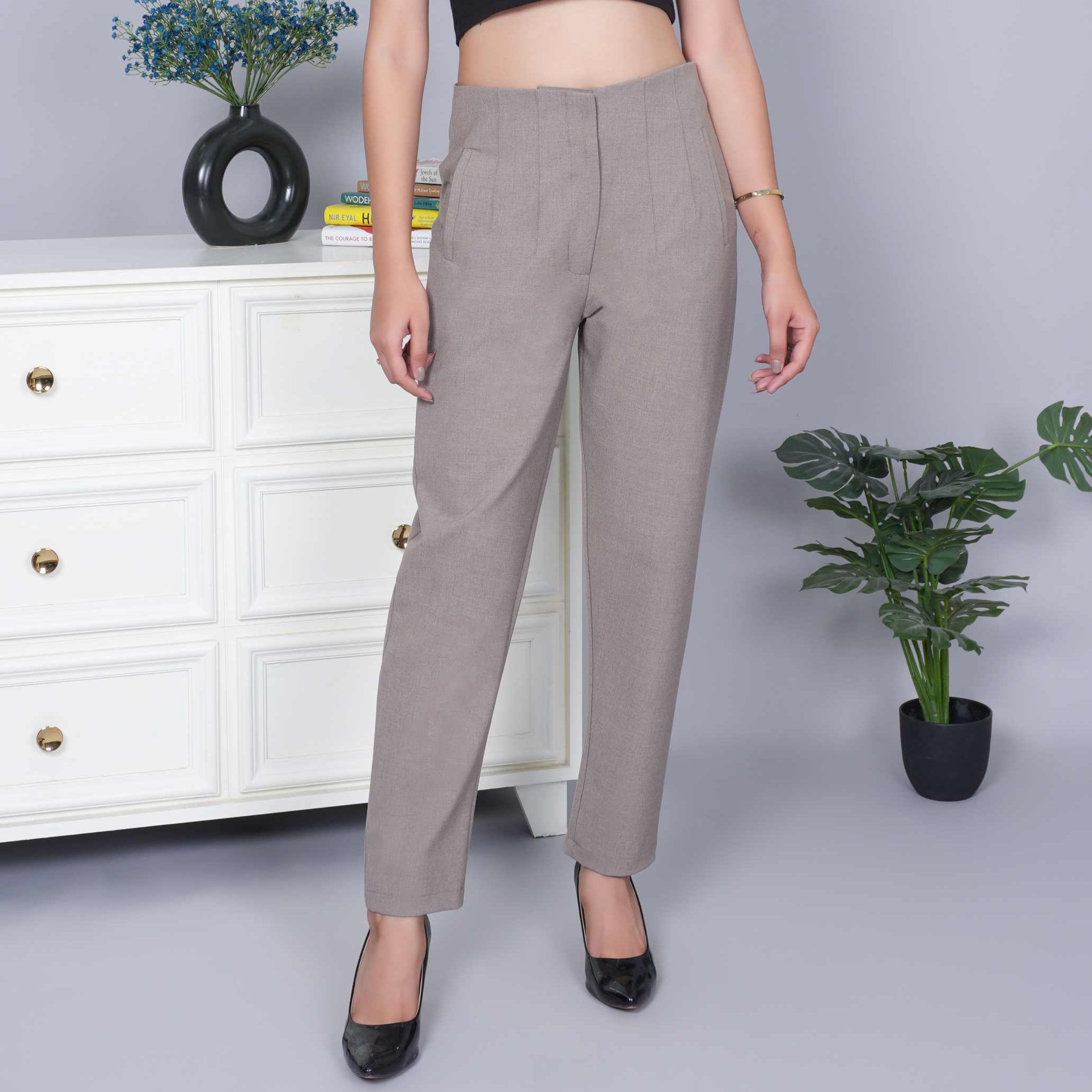 Light brown melange high waist pleated pant with spandex [Straight fit]