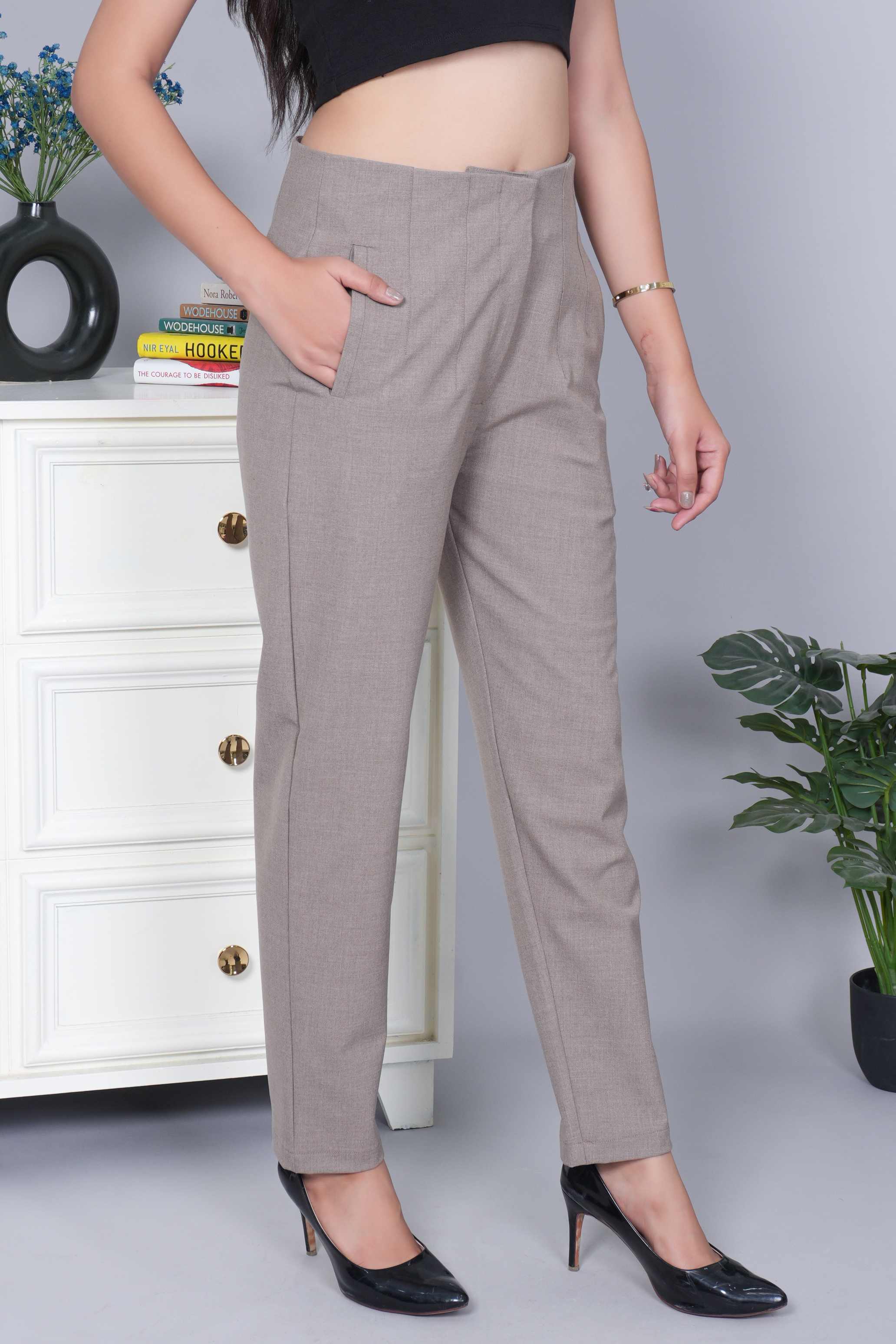 Light brown melange high waist pleated pant with spandex [Straight fit]