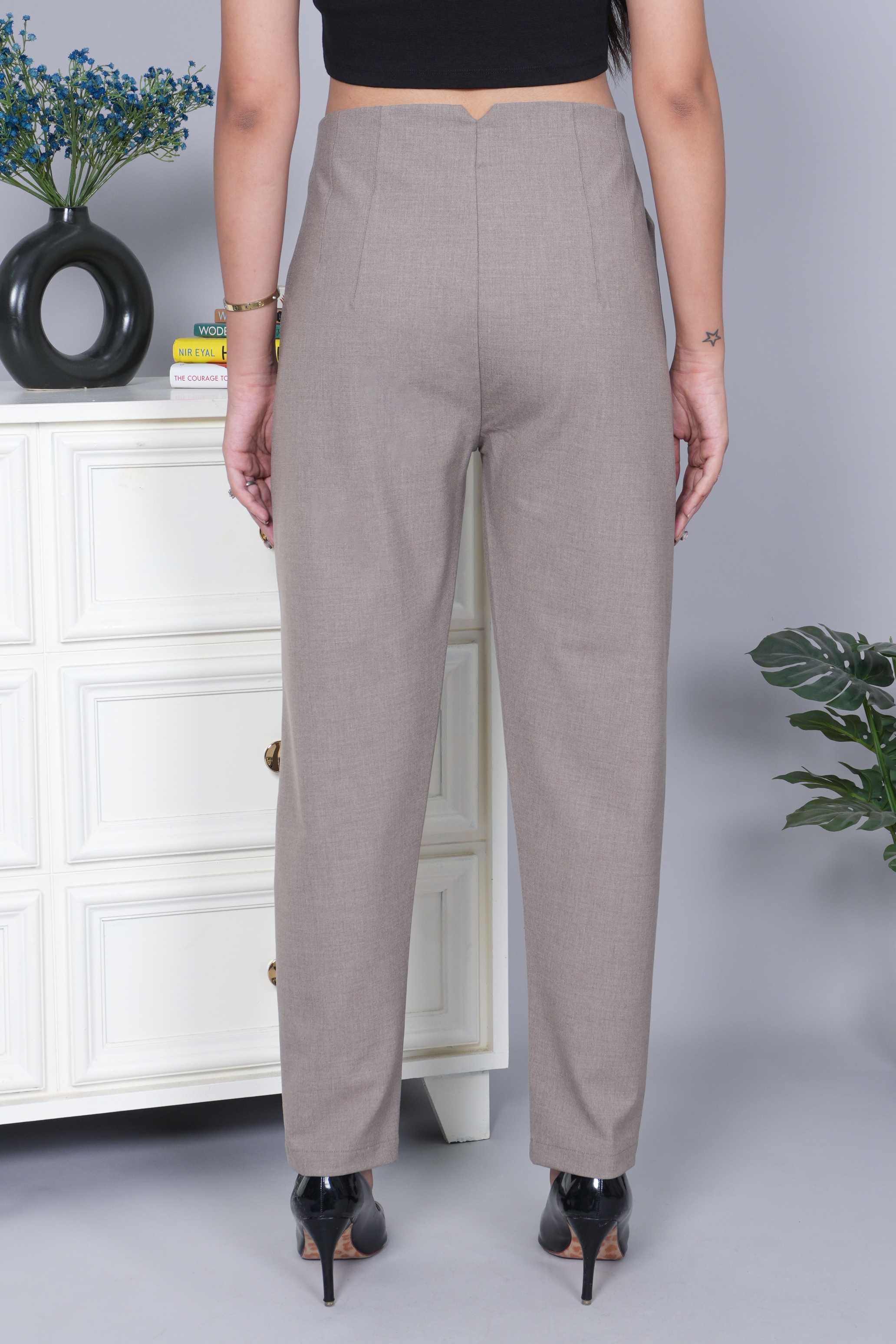 Light brown melange high waist pleated pant with spandex [Straight fit]