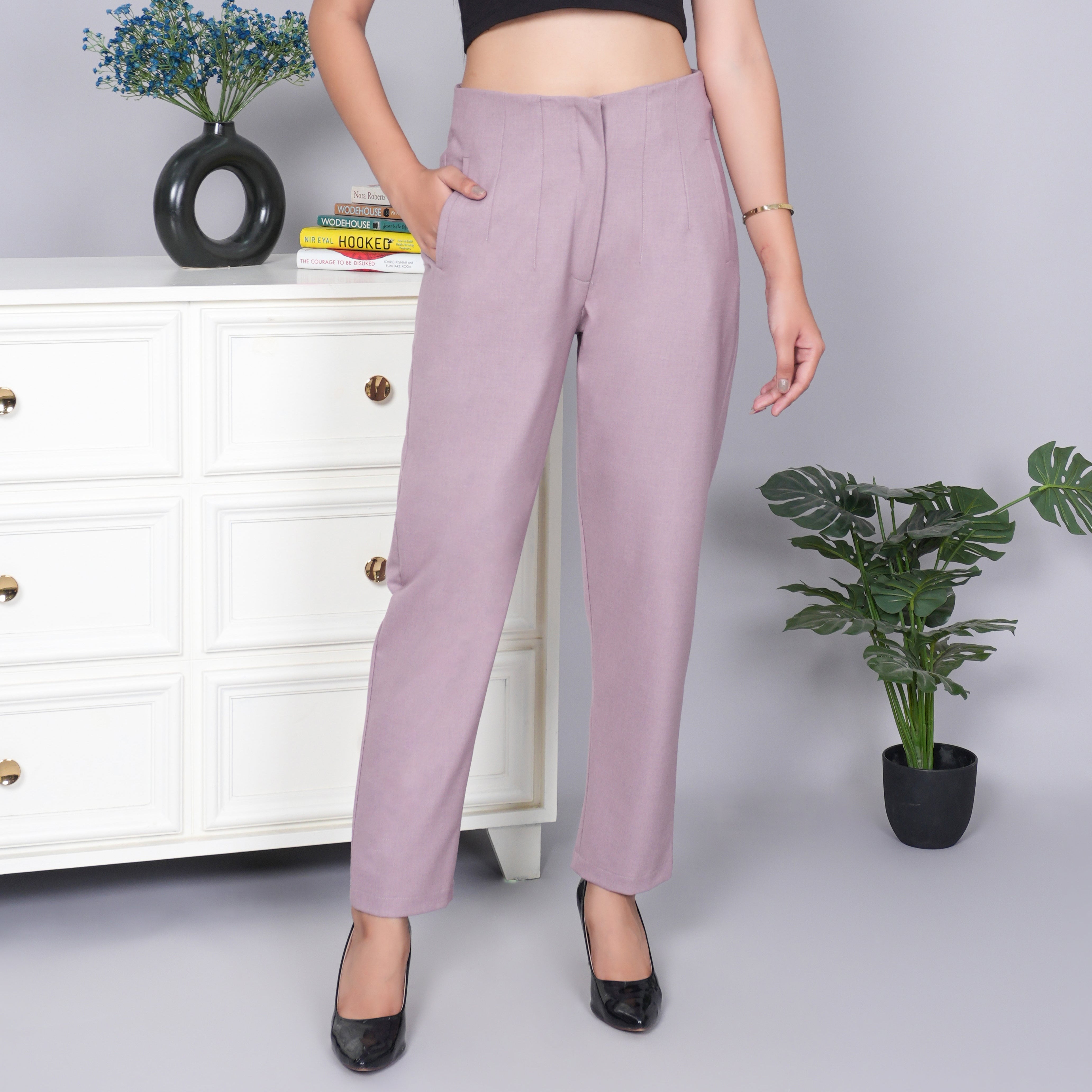 Misty rose high waist pleated pant with spandex [Straight fit]
