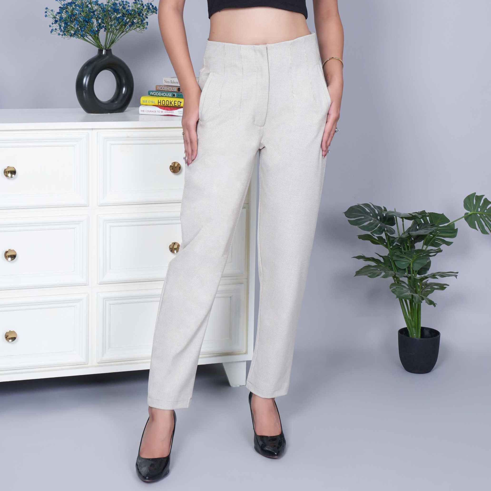 Beige check high waist pleated pant with spandex [Straight fit]