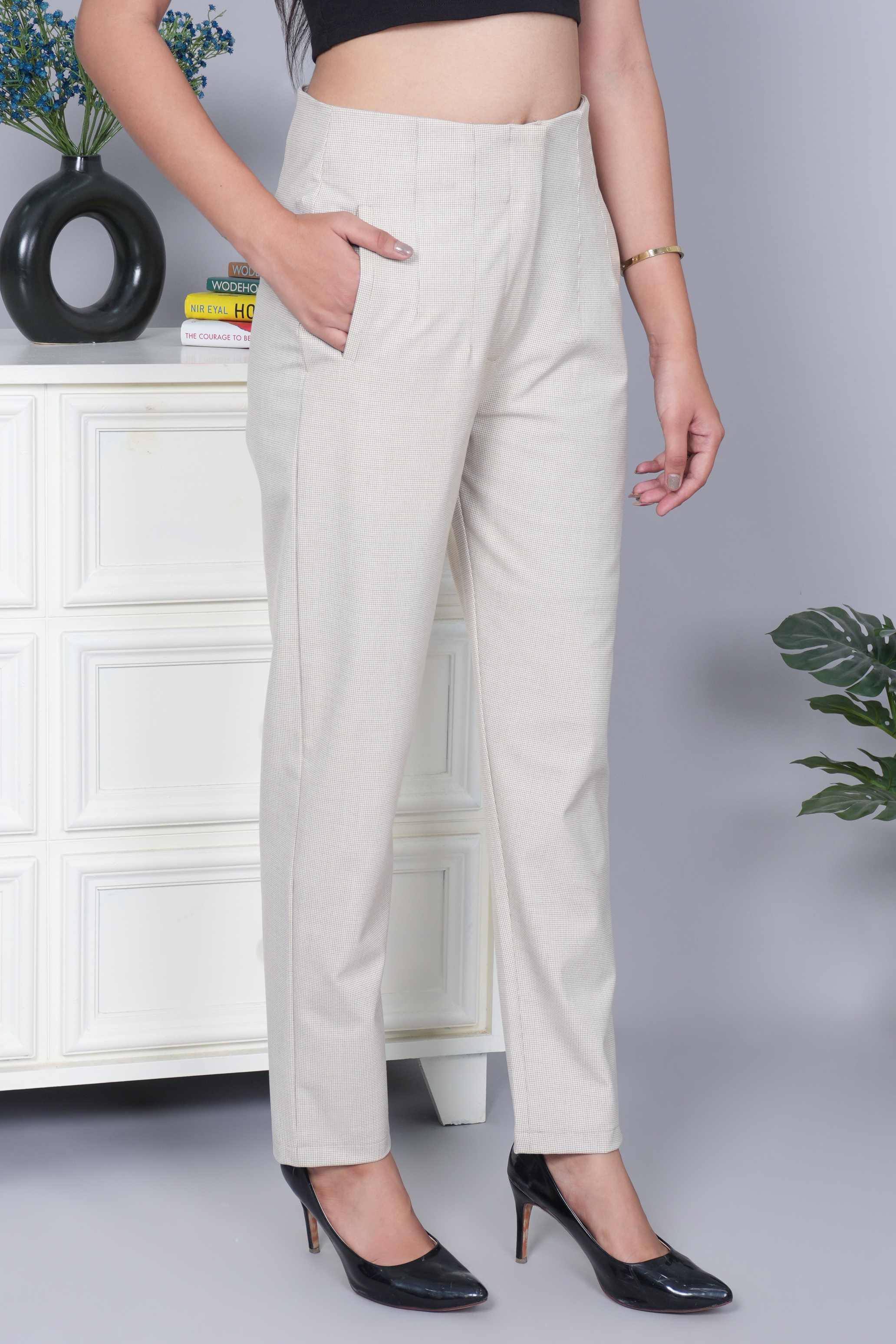 Beige check high waist pleated pant with spandex [Straight fit]
