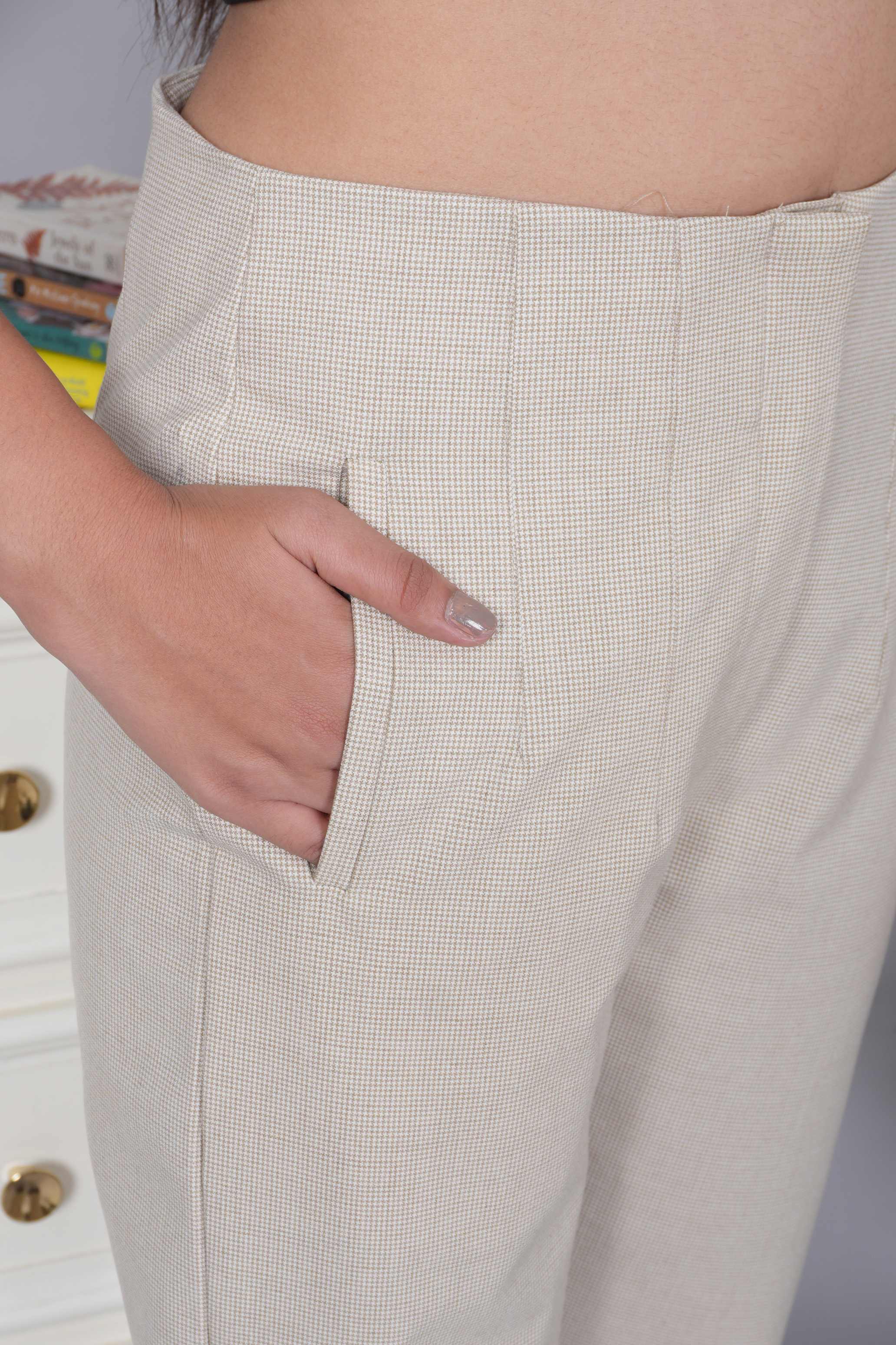 Beige check high waist pleated pant with spandex [Straight fit]