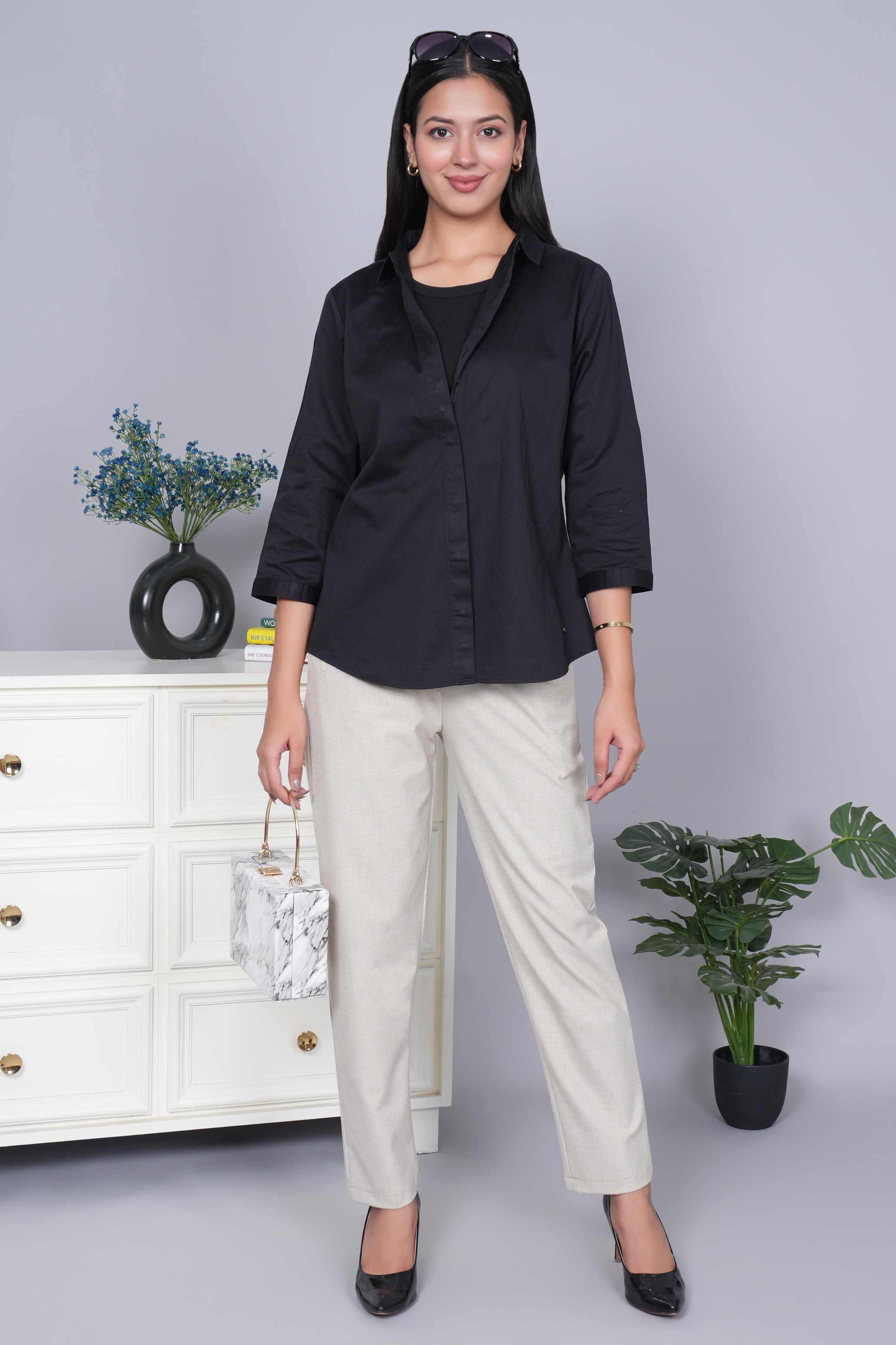 Beige check high waist pleated pant with spandex [Straight fit]