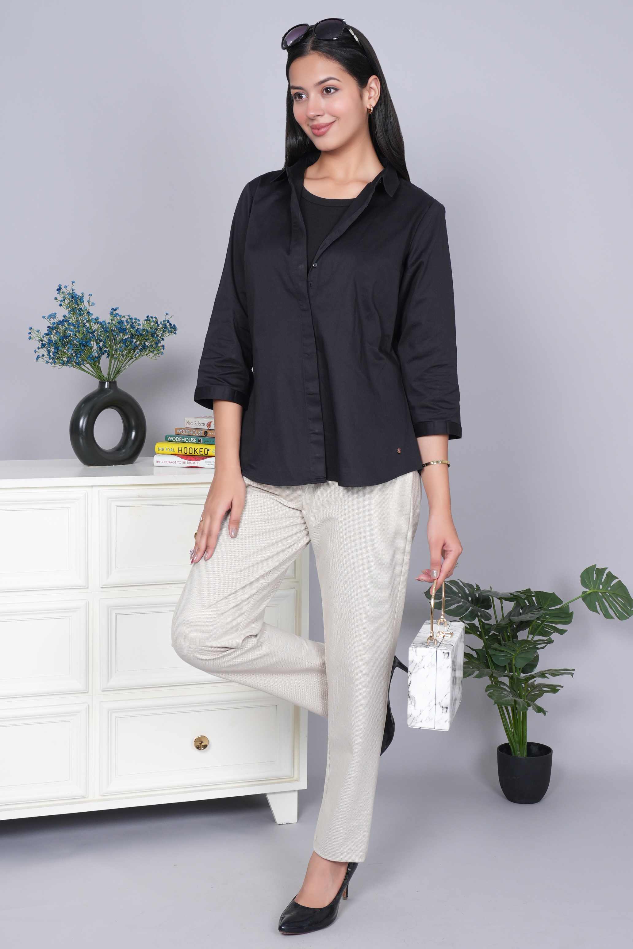 Beige check high waist pleated pant with spandex [Straight fit]