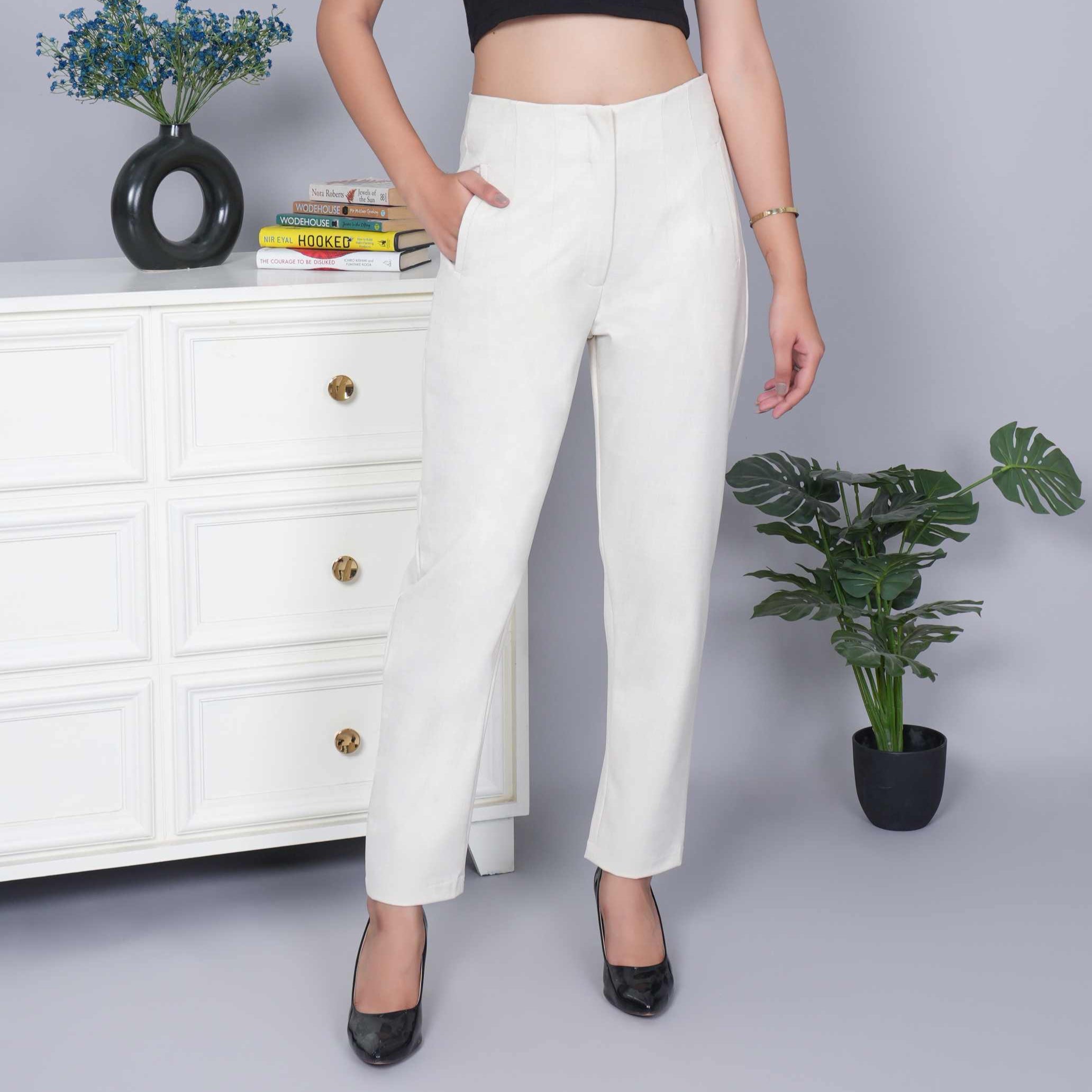Fawn melange high waist pleated pant with spandex [Straight fit]