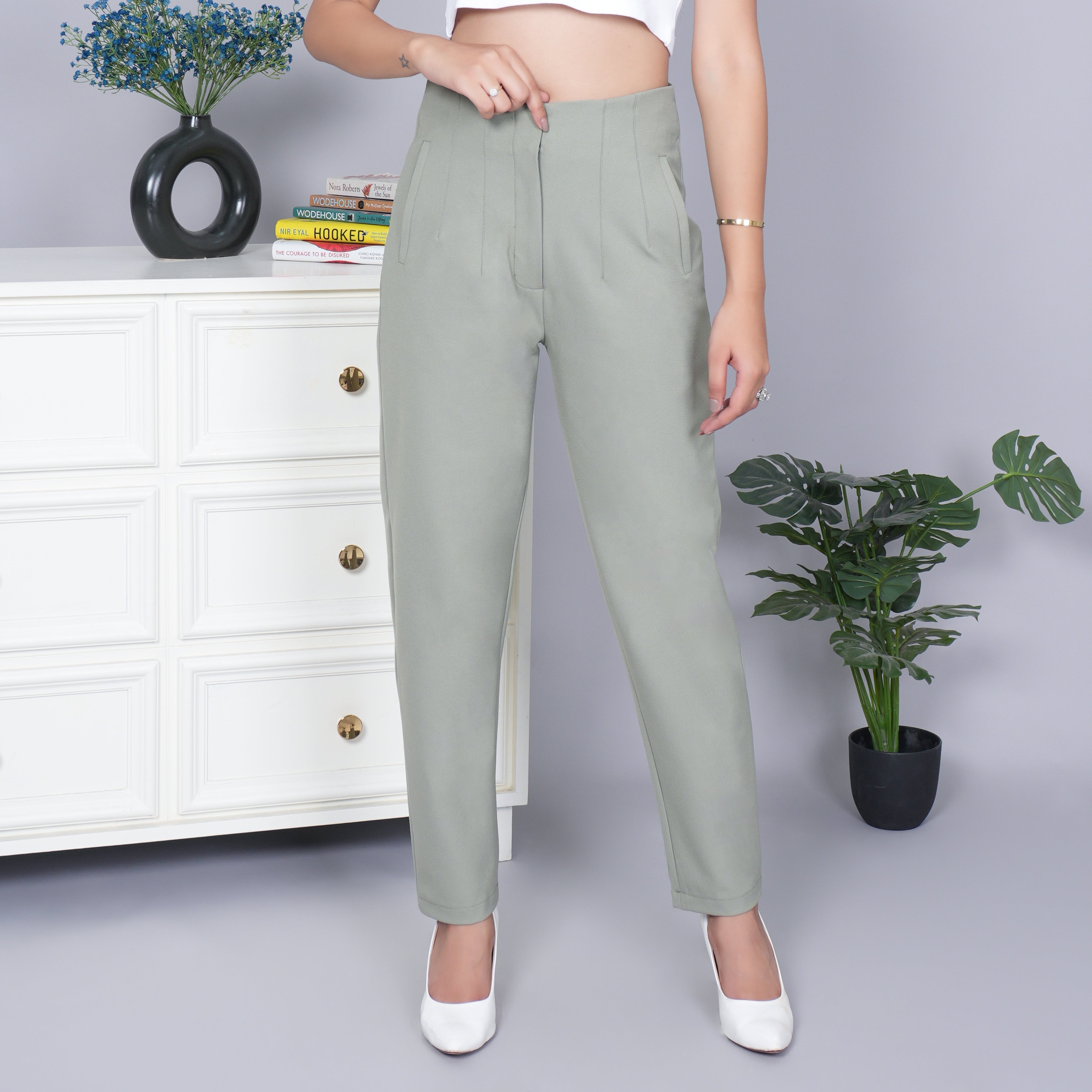 Ice green high waist pleated pant with spandex [Straight fit]