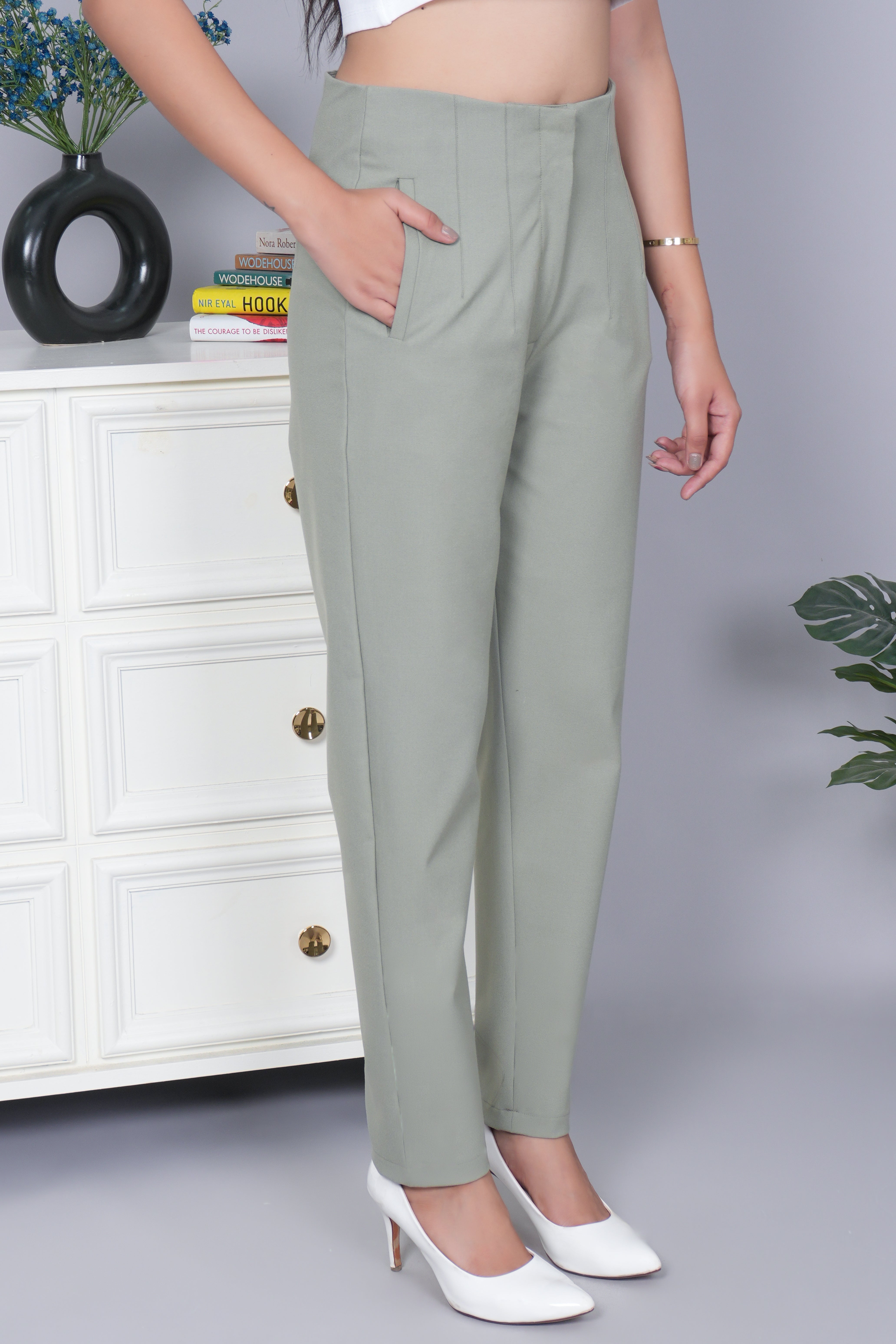 Ice green high waist pleated pant with spandex [Straight fit]