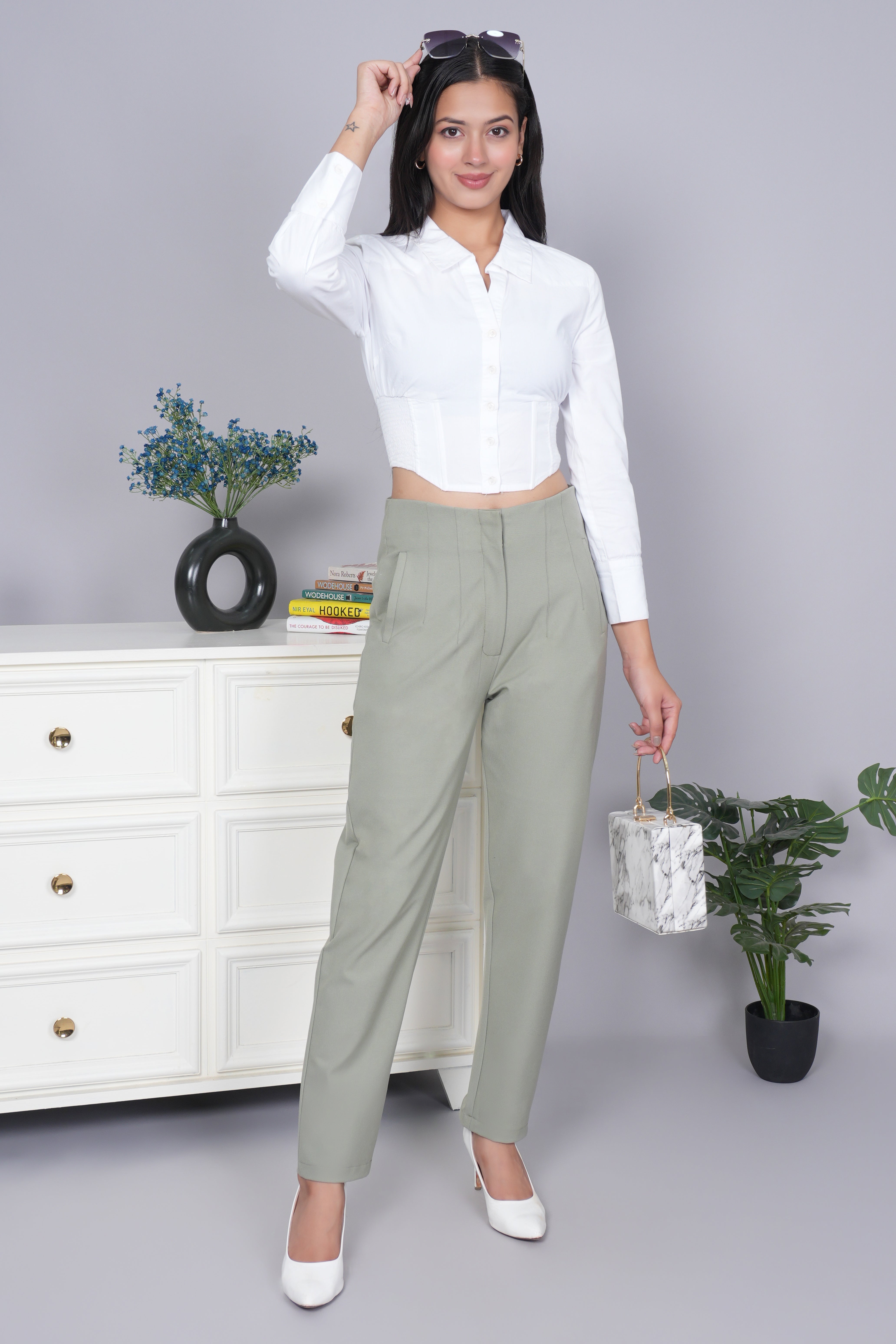 Ice green high waist pleated pant with spandex [Straight fit]