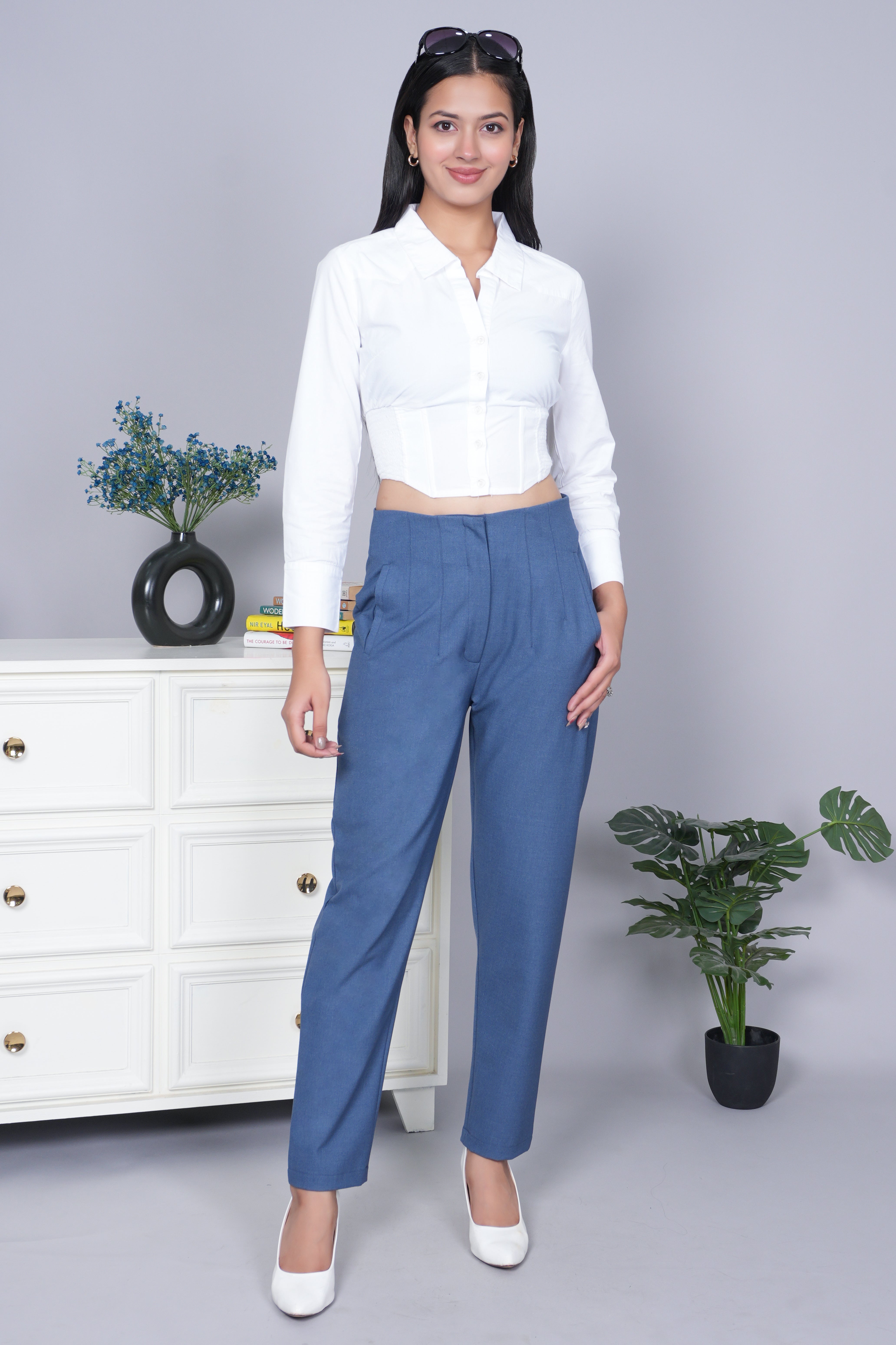Mid night blue high waist pleated pant with spandex [Straight fit]