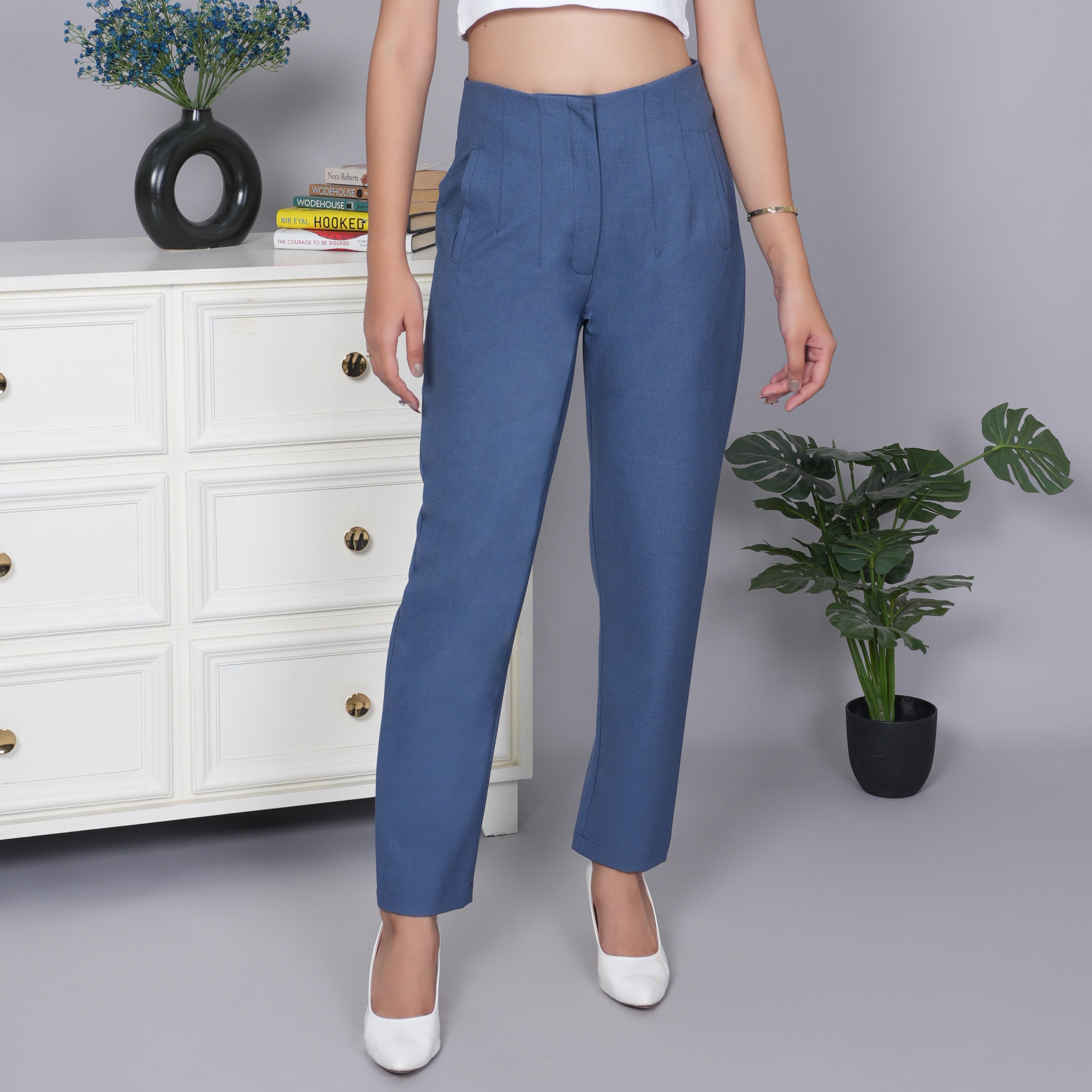 Mid night blue high waist pleated pant with spandex [Straight fit]