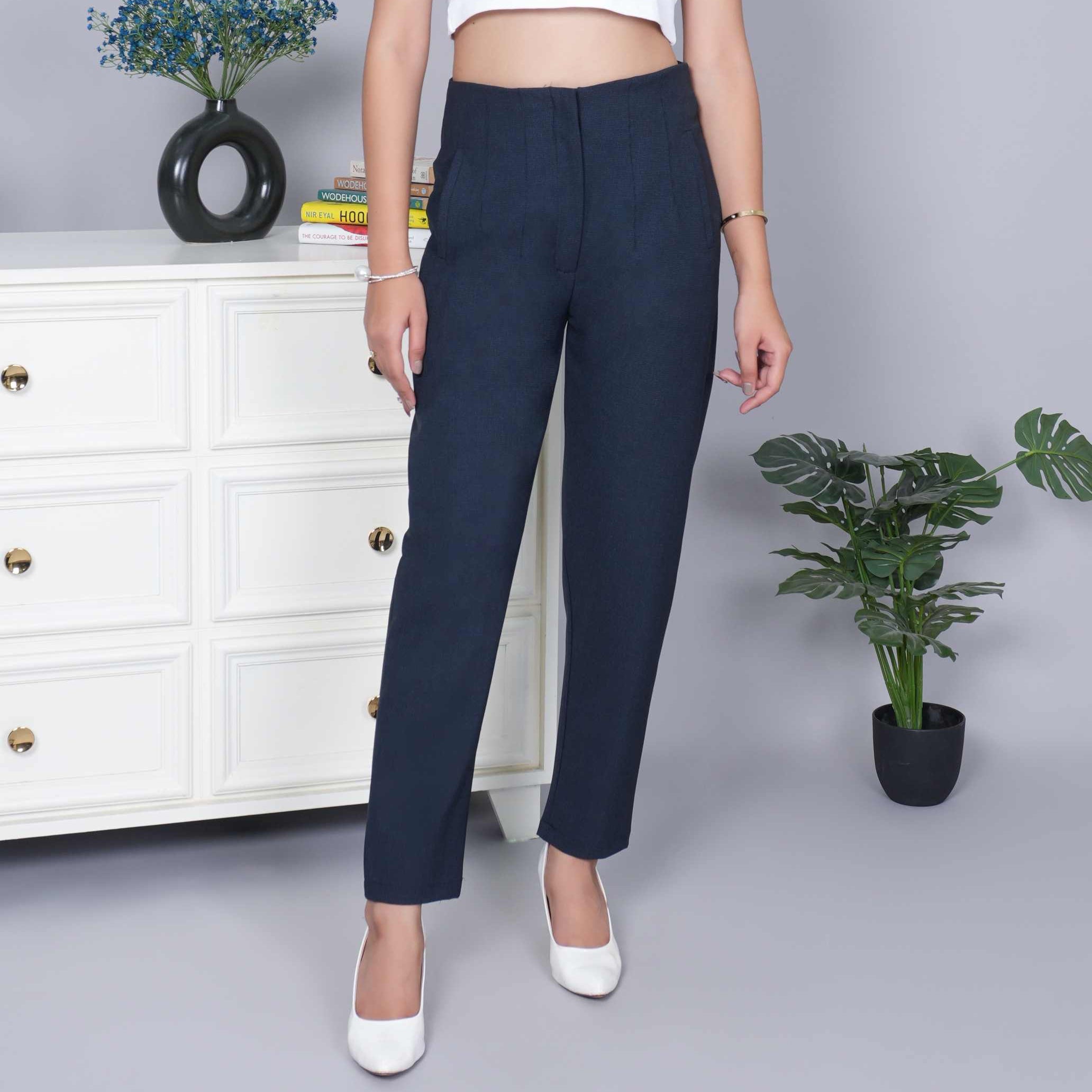 Navy check high waist pleated pant with spandex [Straight fit]