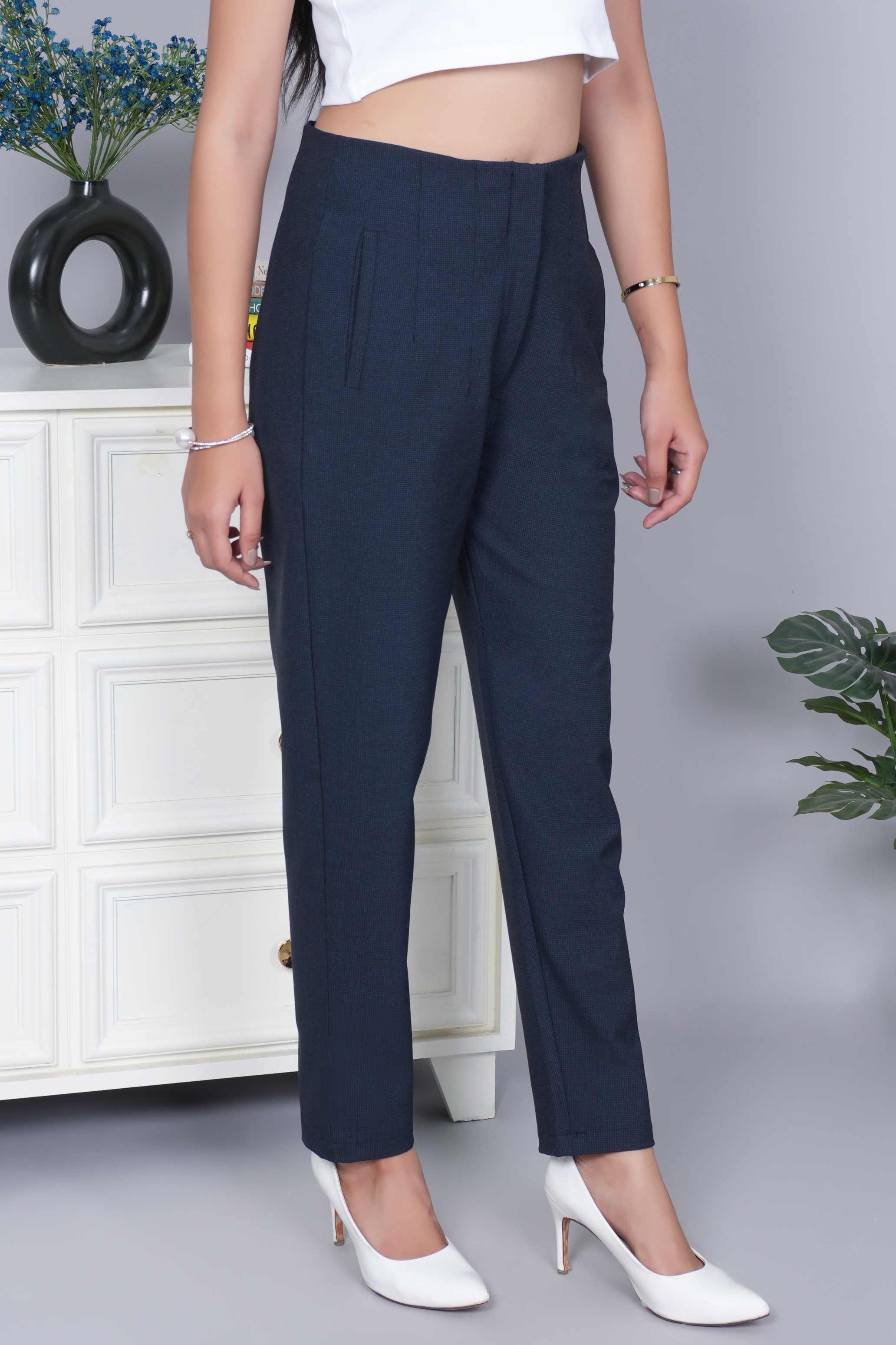 Navy check high waist pleated pant with spandex [Straight fit]