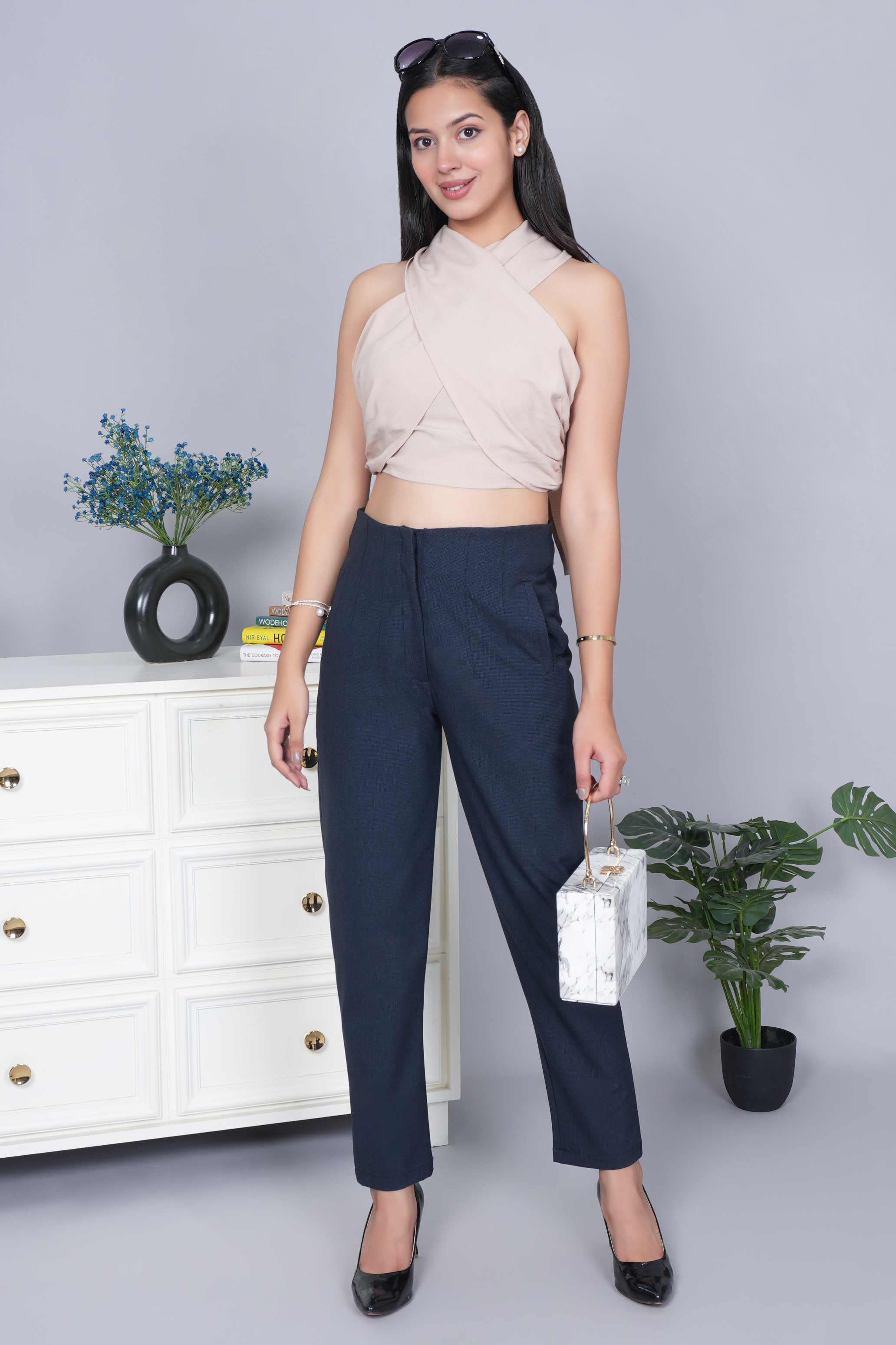 Navy check high waist pleated pant with spandex [Straight fit]
