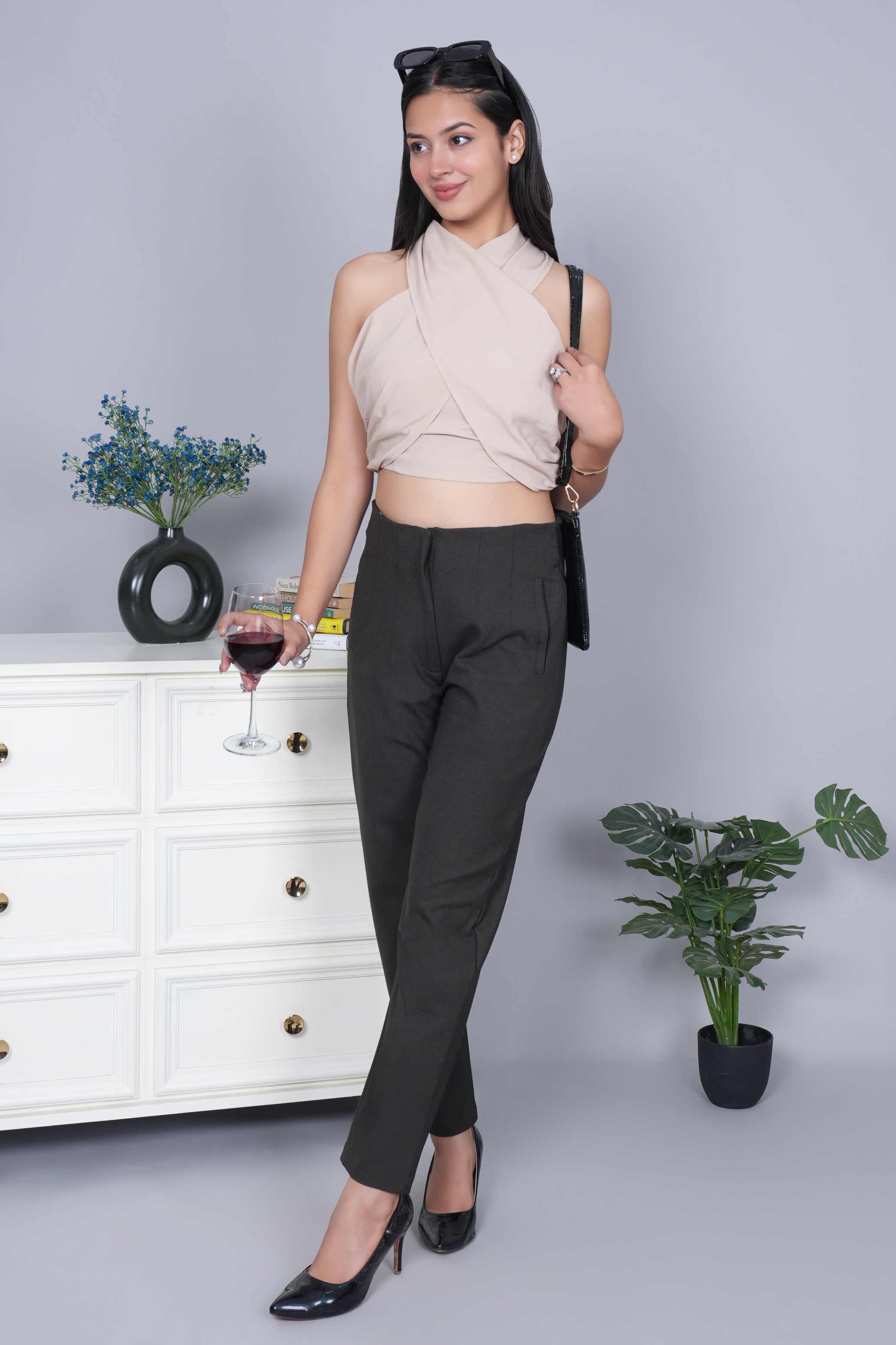 Coffee melange high waist pleated pant with spandex [Straight fit]