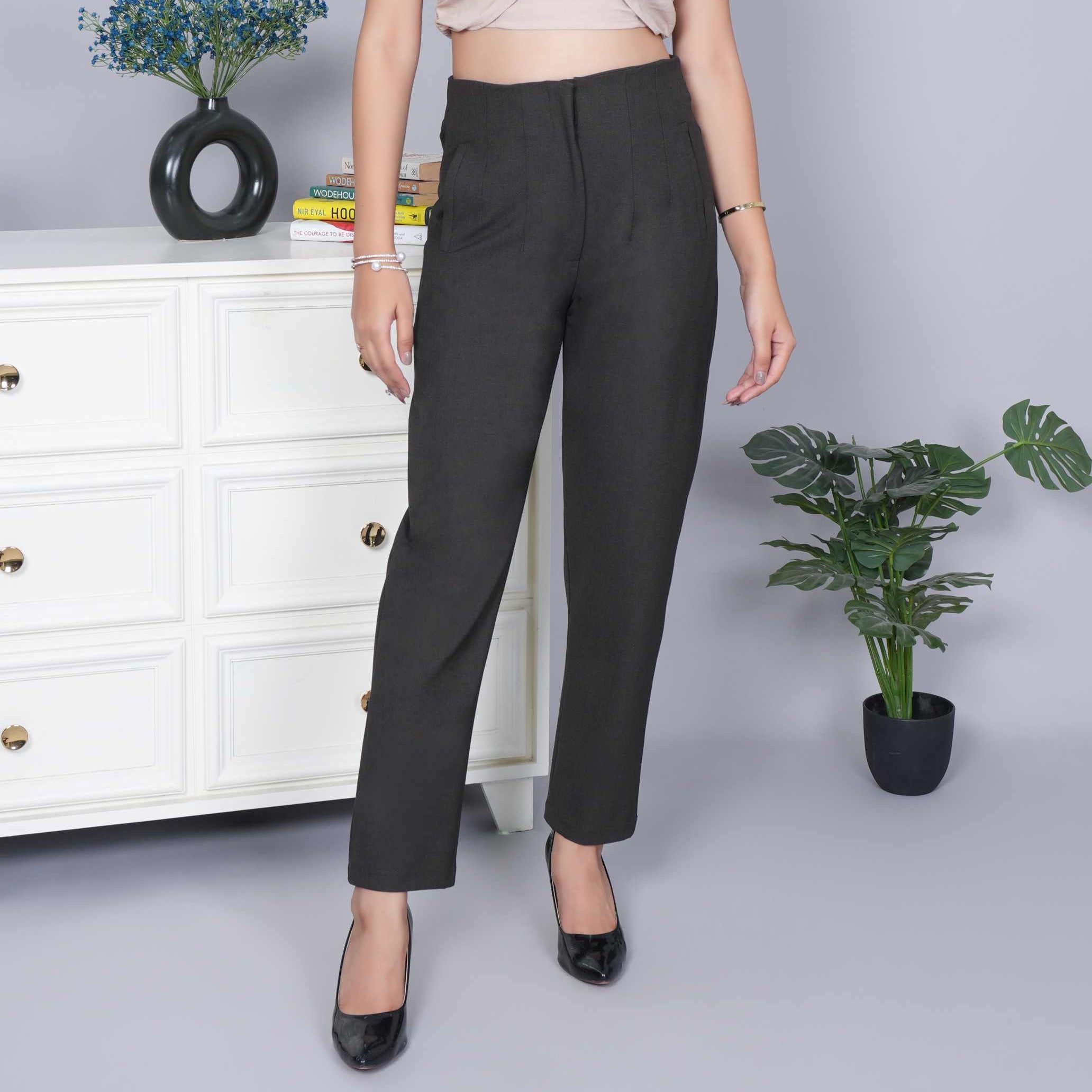 Coffee melange high waist pleated pant with spandex [Straight fit]