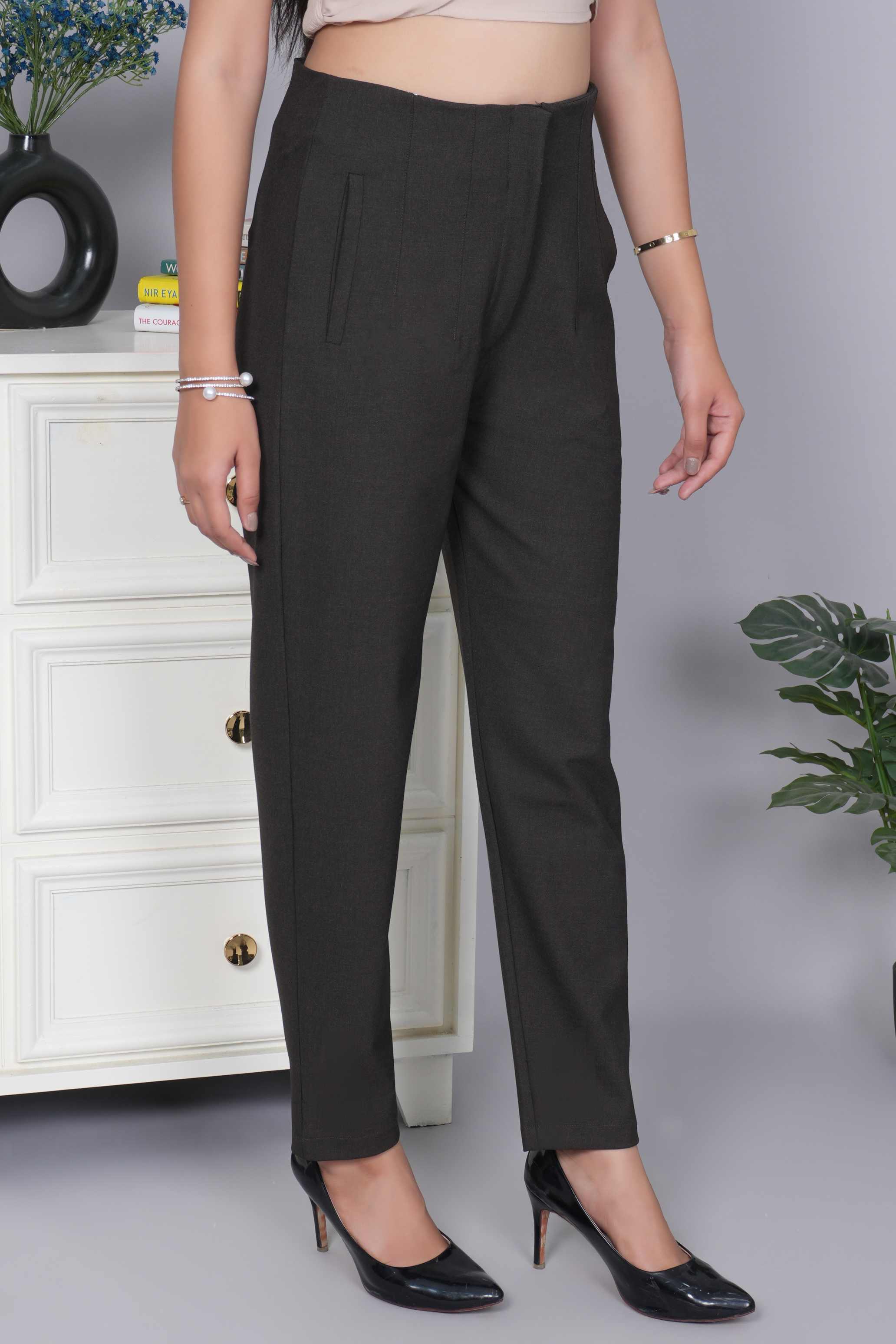 Coffee melange high waist pleated pant with spandex [Straight fit]