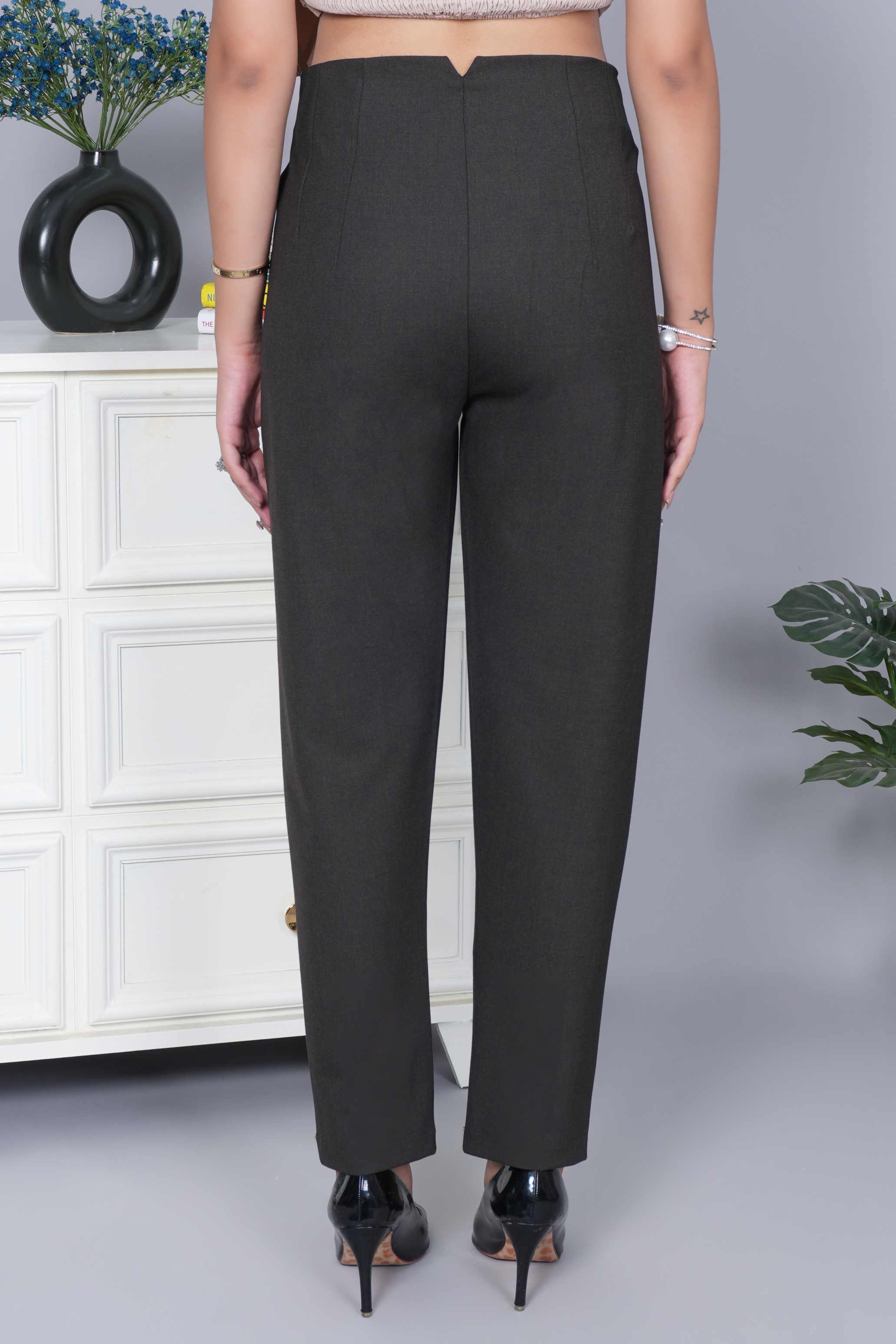 Coffee melange high waist pleated pant with spandex [Straight fit]