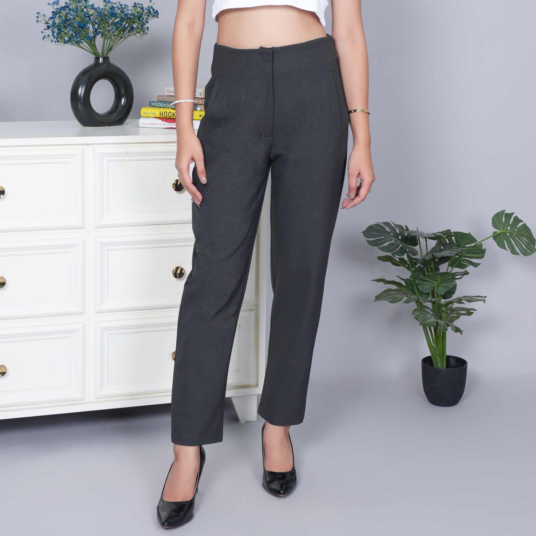 Dark grey check high waist pleated pant with spandex [Straight fit]