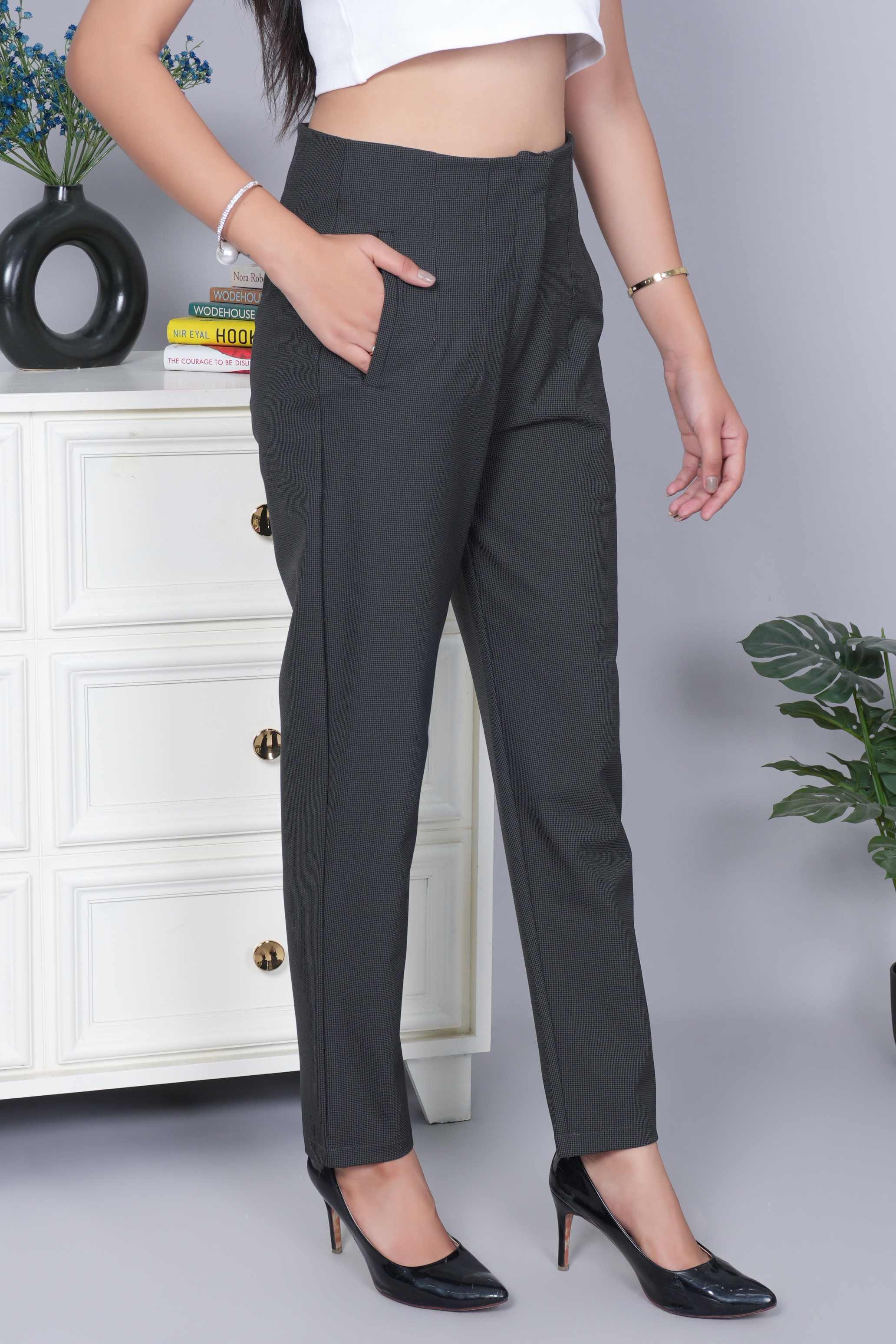 Dark grey check high waist pleated pant with spandex [Straight fit]