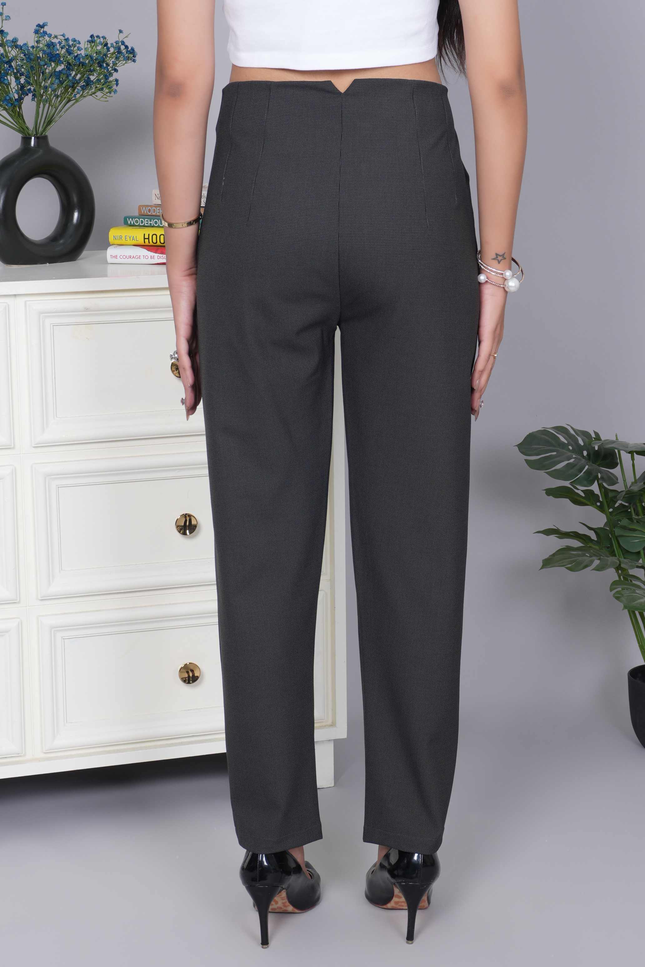 Dark grey check high waist pleated pant with spandex [Straight fit]