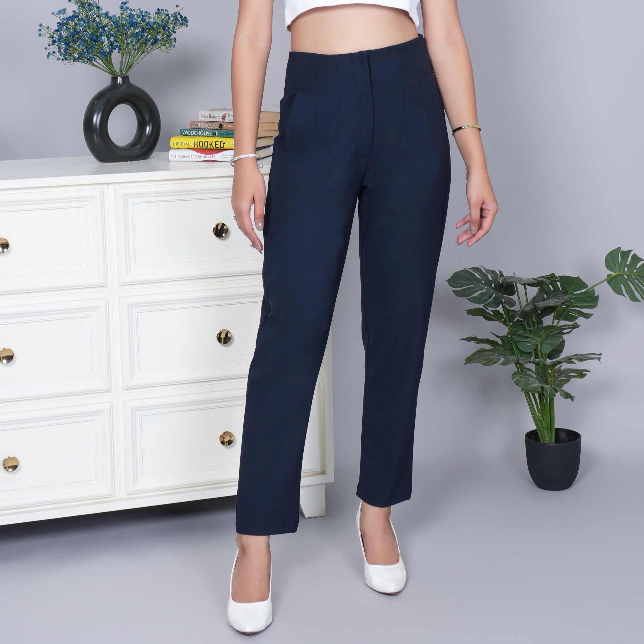 Dark navy  high waist pleated pant with spandex [Straight fit]