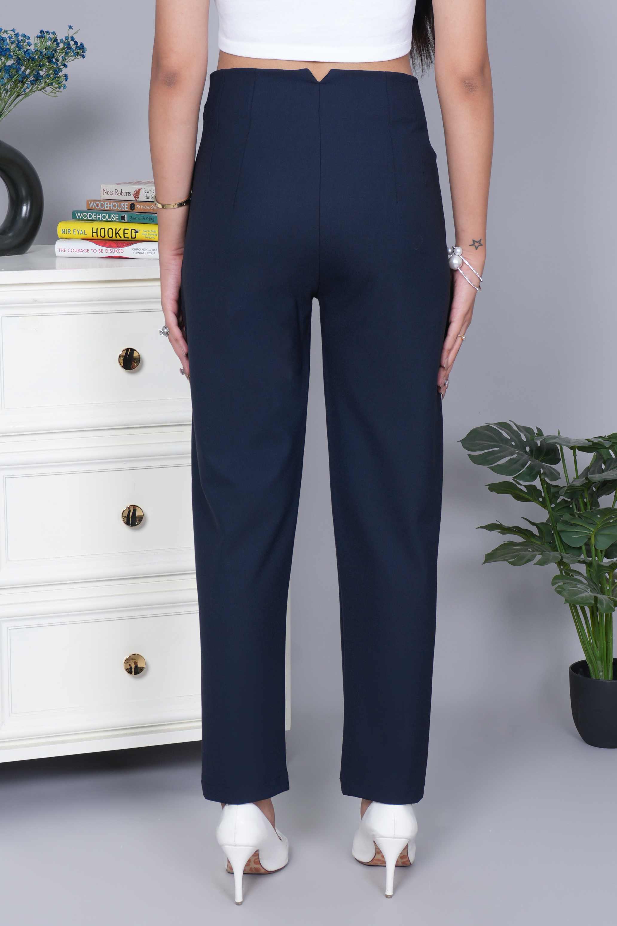 Dark navy  high waist pleated pant with spandex [Straight fit]