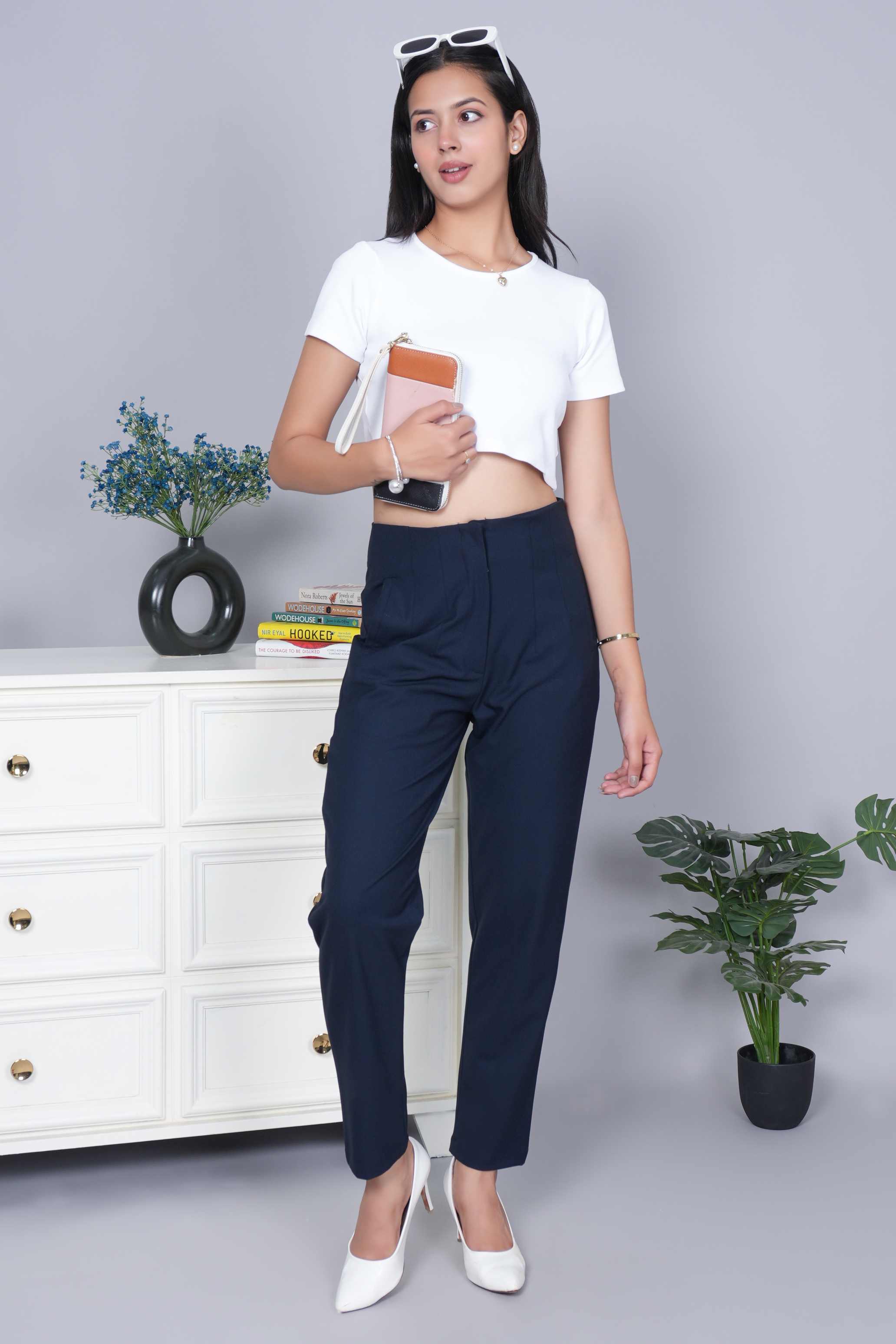 Dark navy  high waist pleated pant with spandex [Straight fit]
