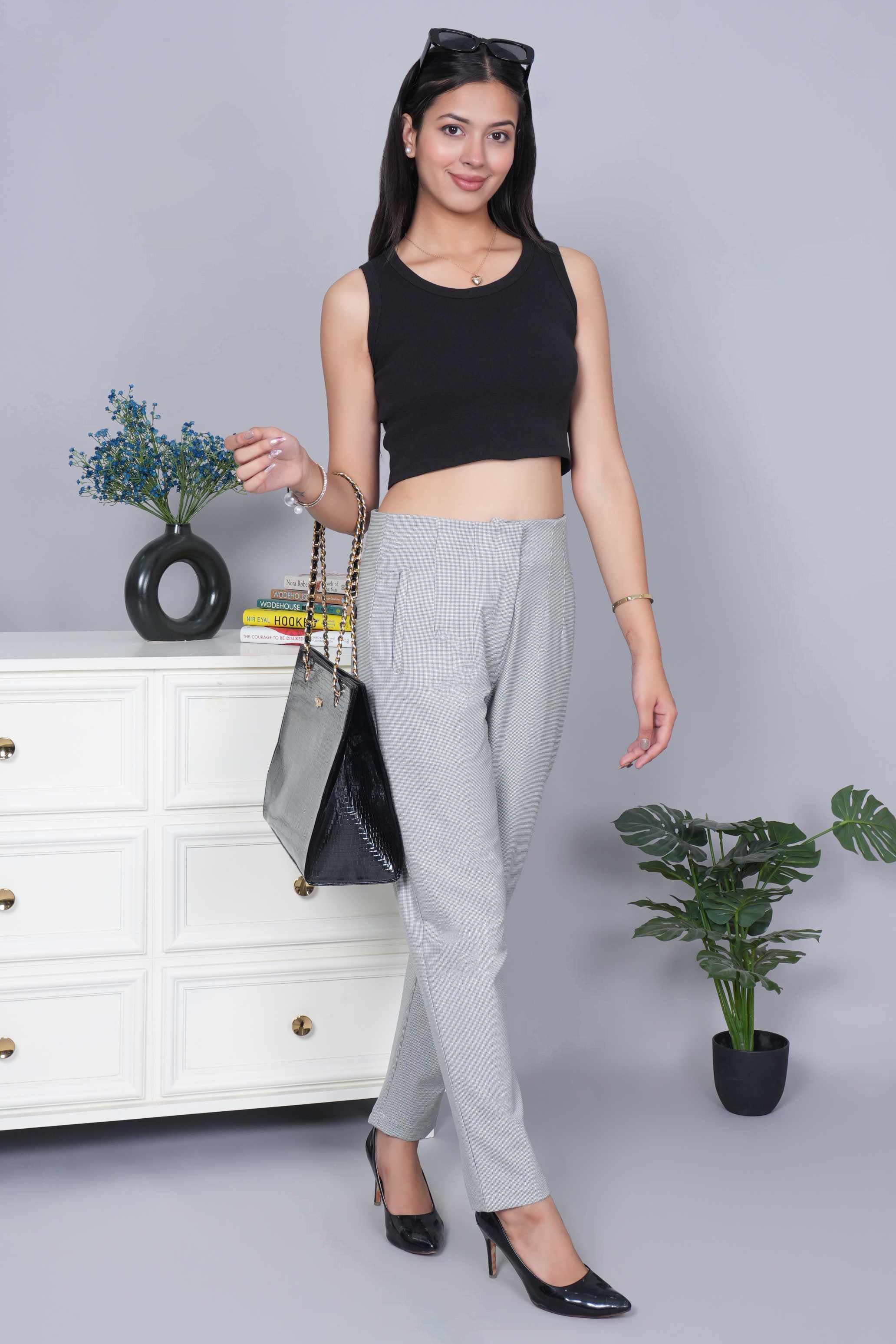 Light grey check high waist pleated pant with spandex [Straight fit]
