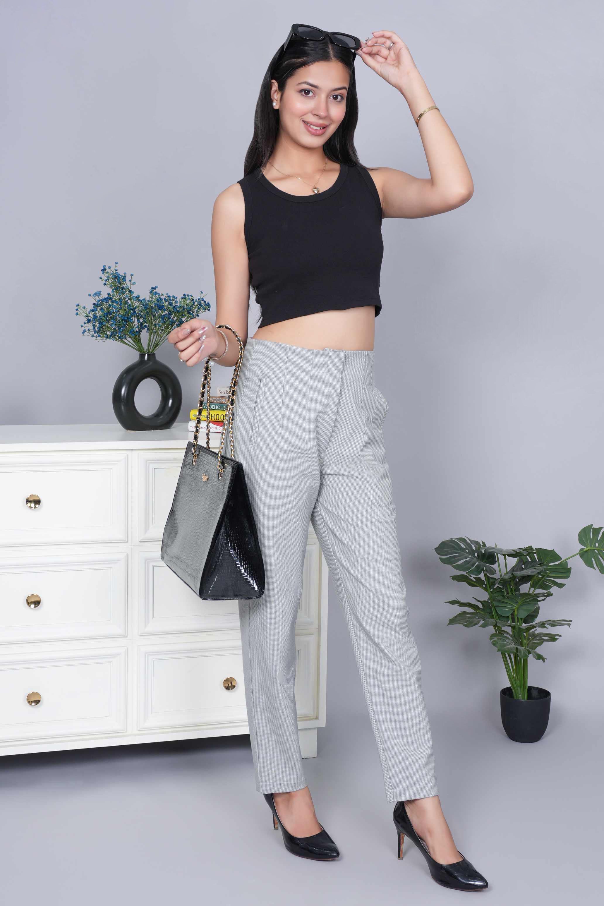 Light grey check high waist pleated pant with spandex [Straight fit]
