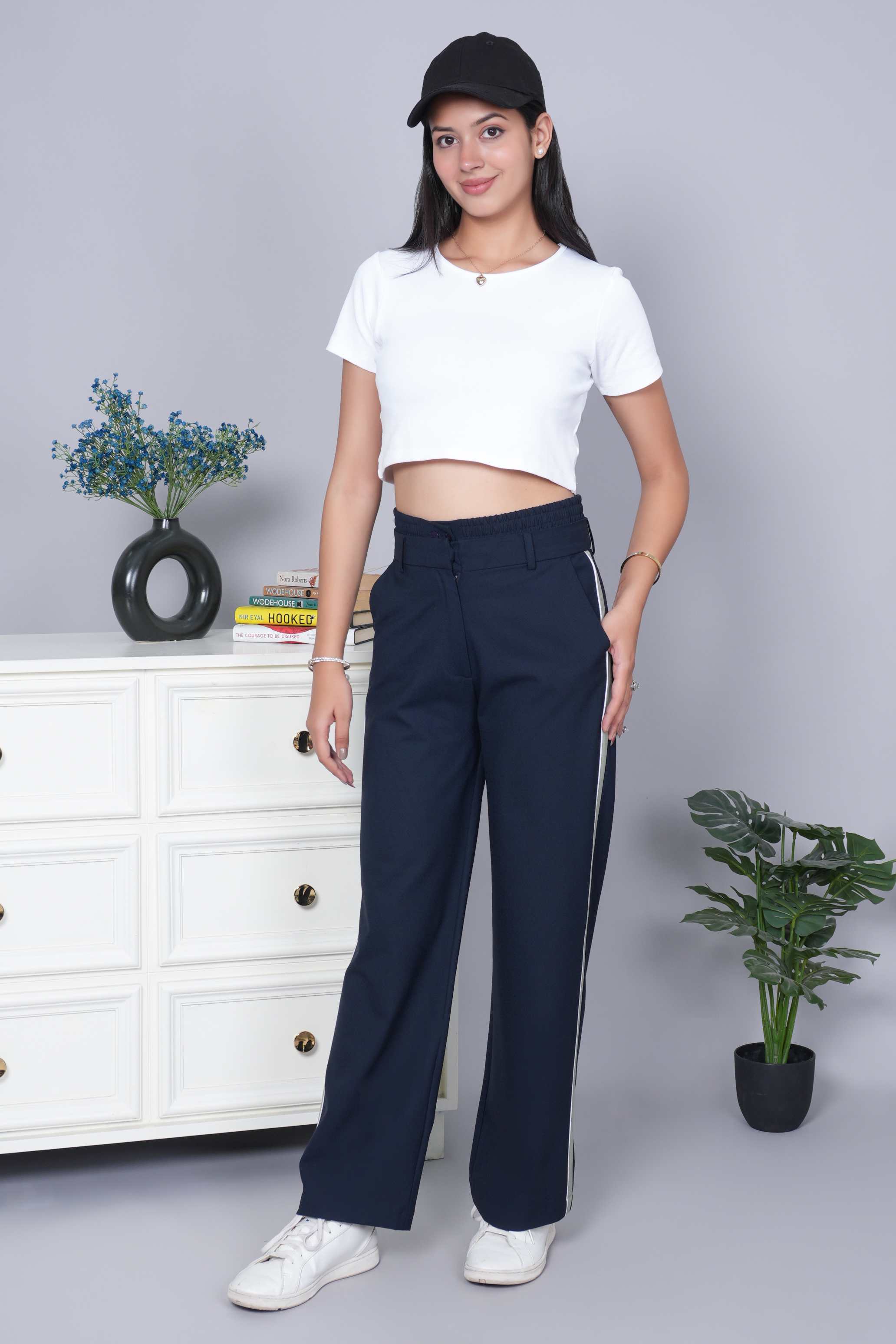 Dark navy high waist retro trouser with spandex