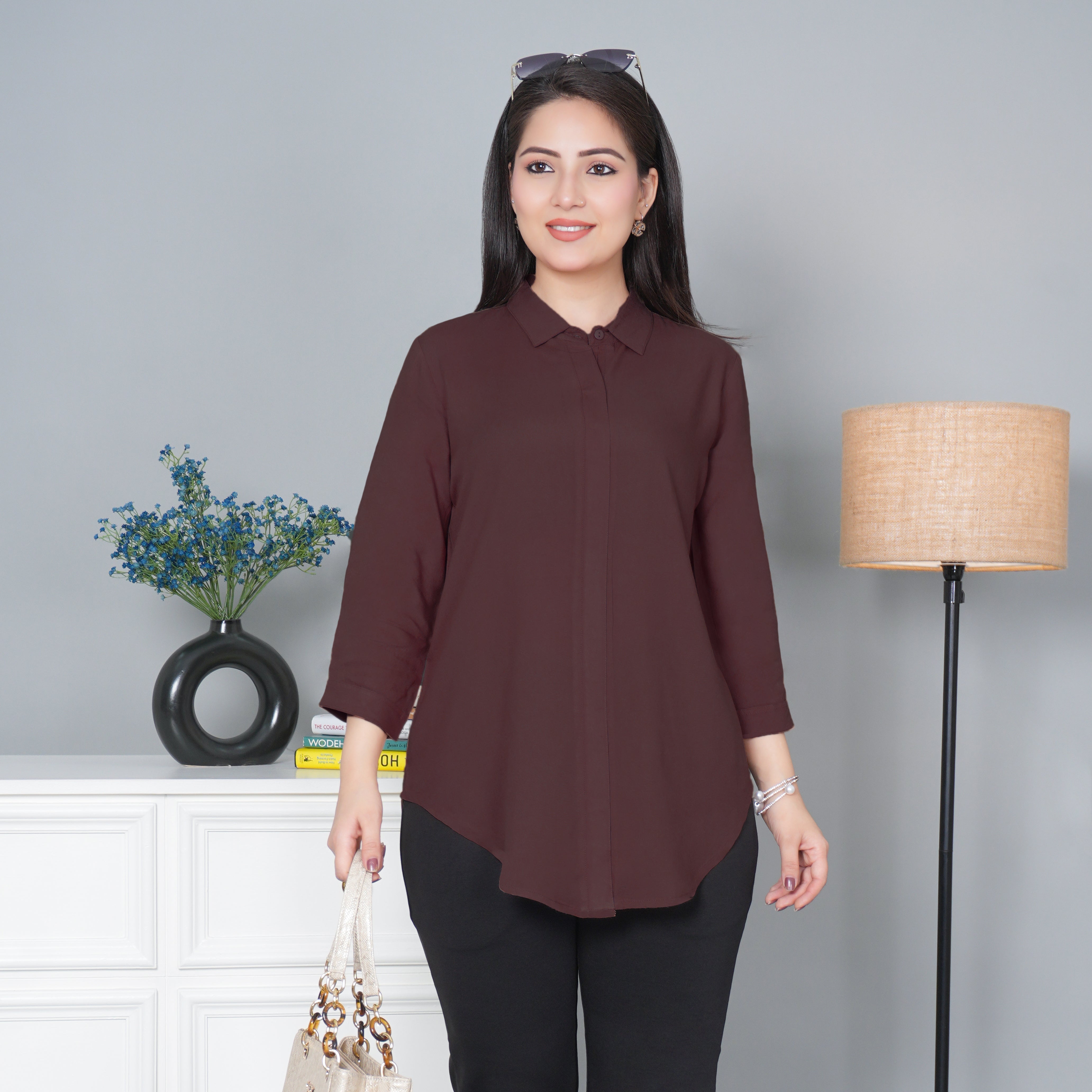 Brown long hemline shirt [ 100% Rayon, Liva Certified ]