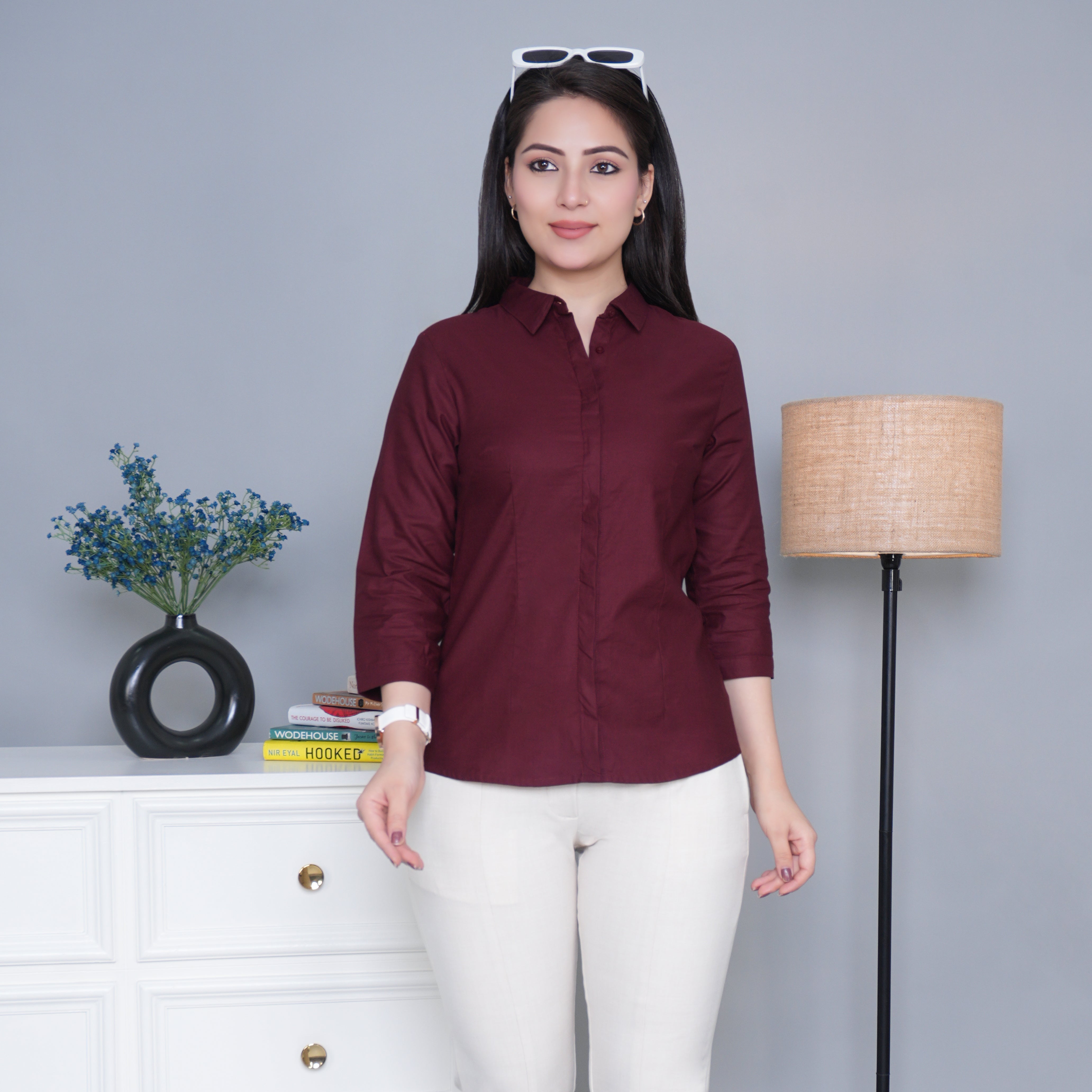 Wine cotton office placket shirt