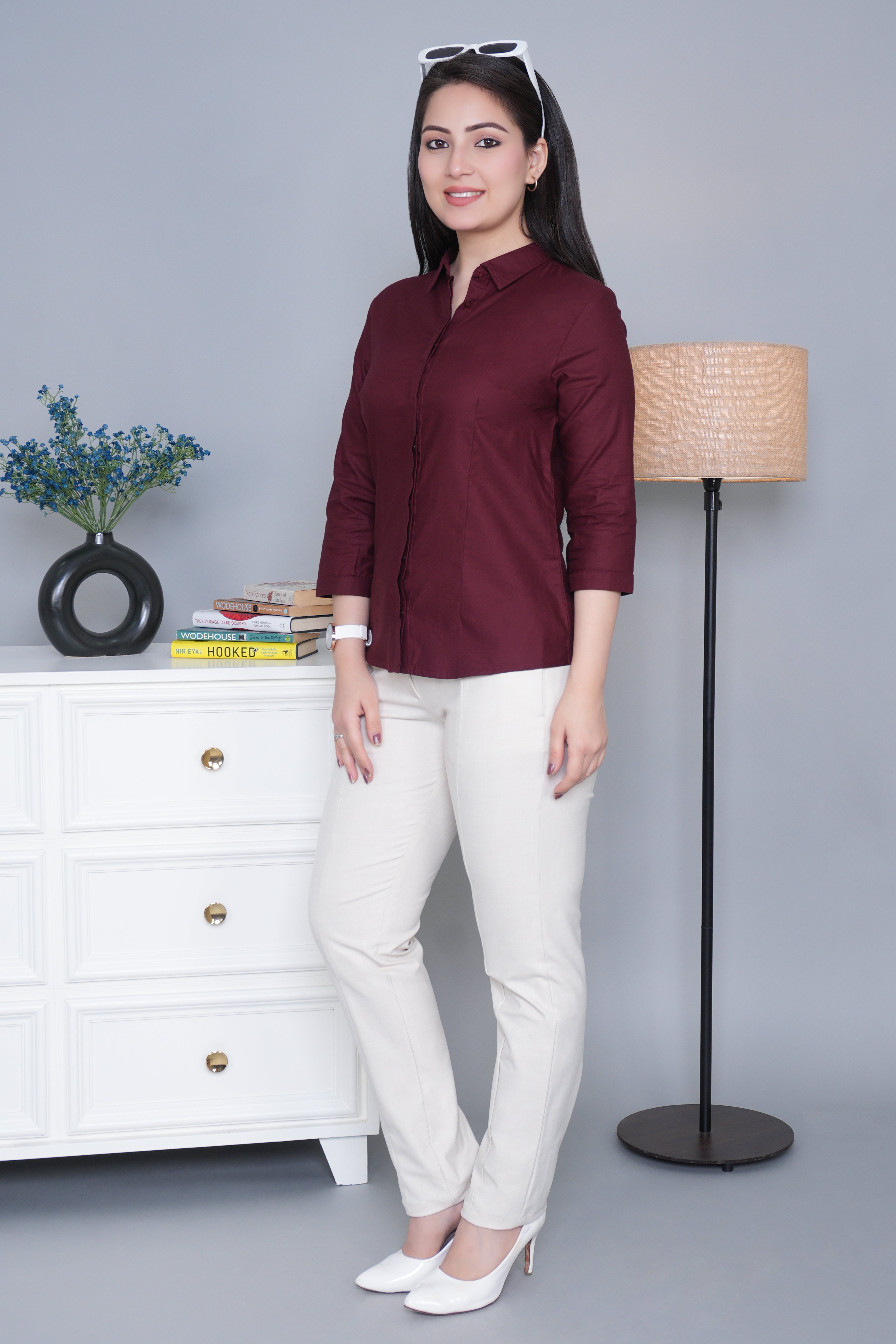 Wine cotton office placket shirt
