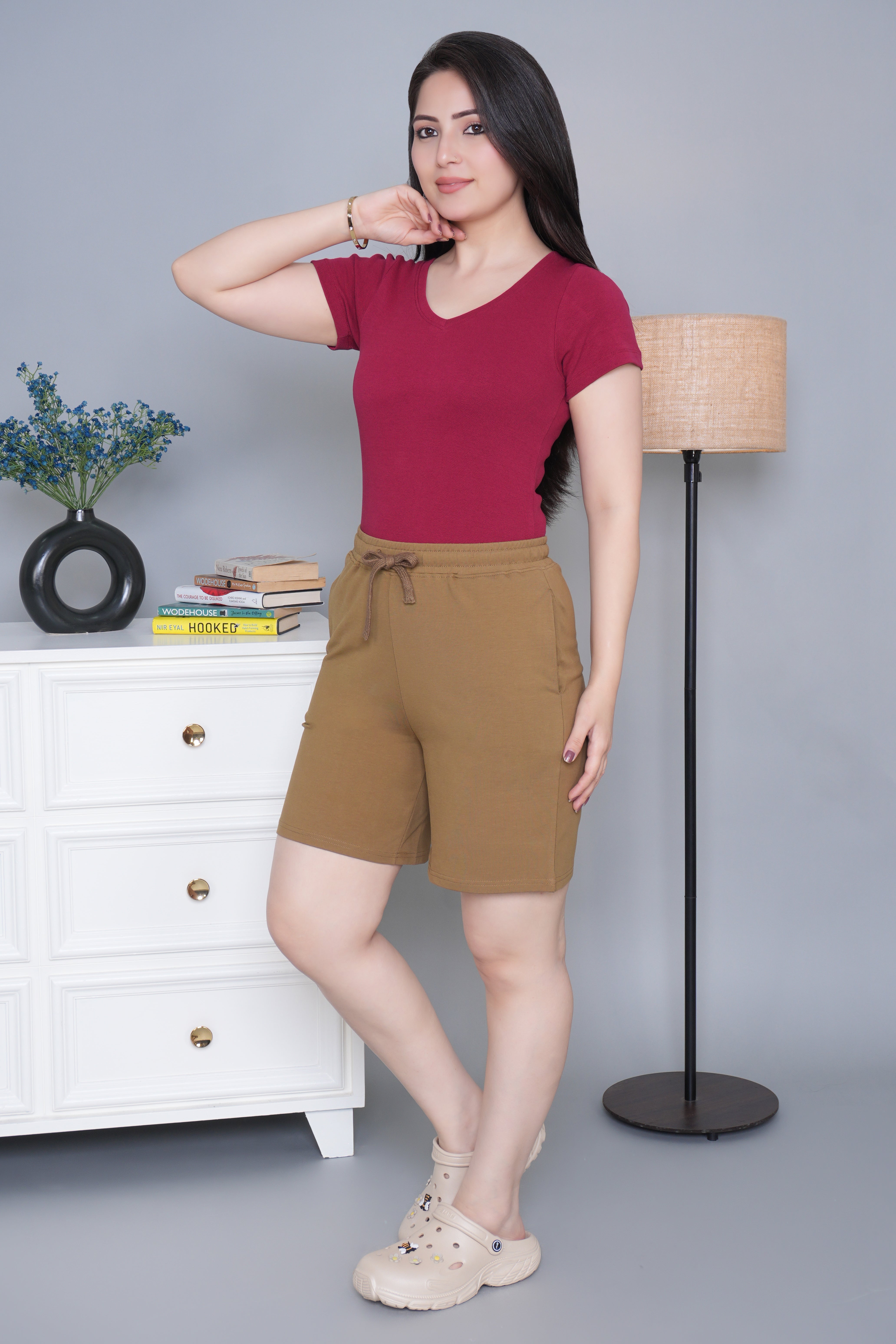 Olive all day home shorts with extra comfort. [100% Cotton Lycra]