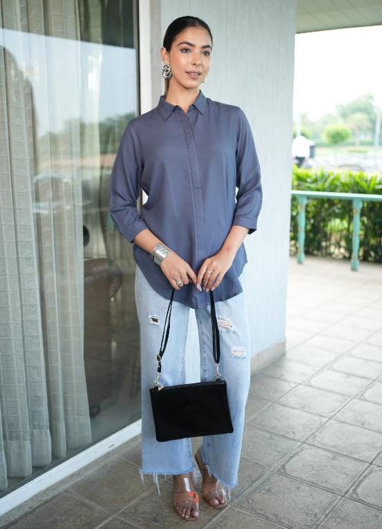 Dark grey long hemline shirt [ 100% Rayon, Liva Certified ]