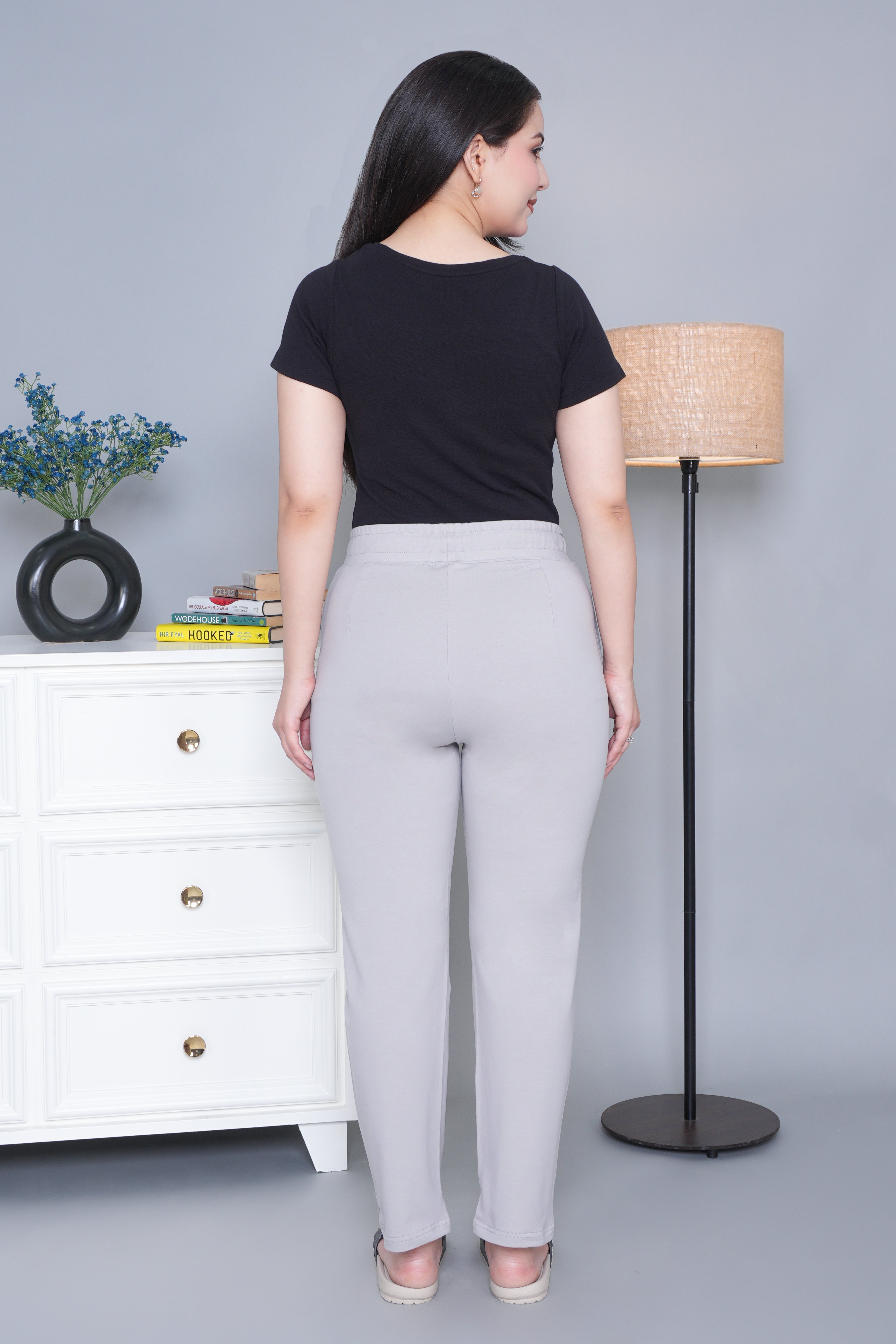 Light grey all day home pants with extra comfort. [100% Cotton Lycra]