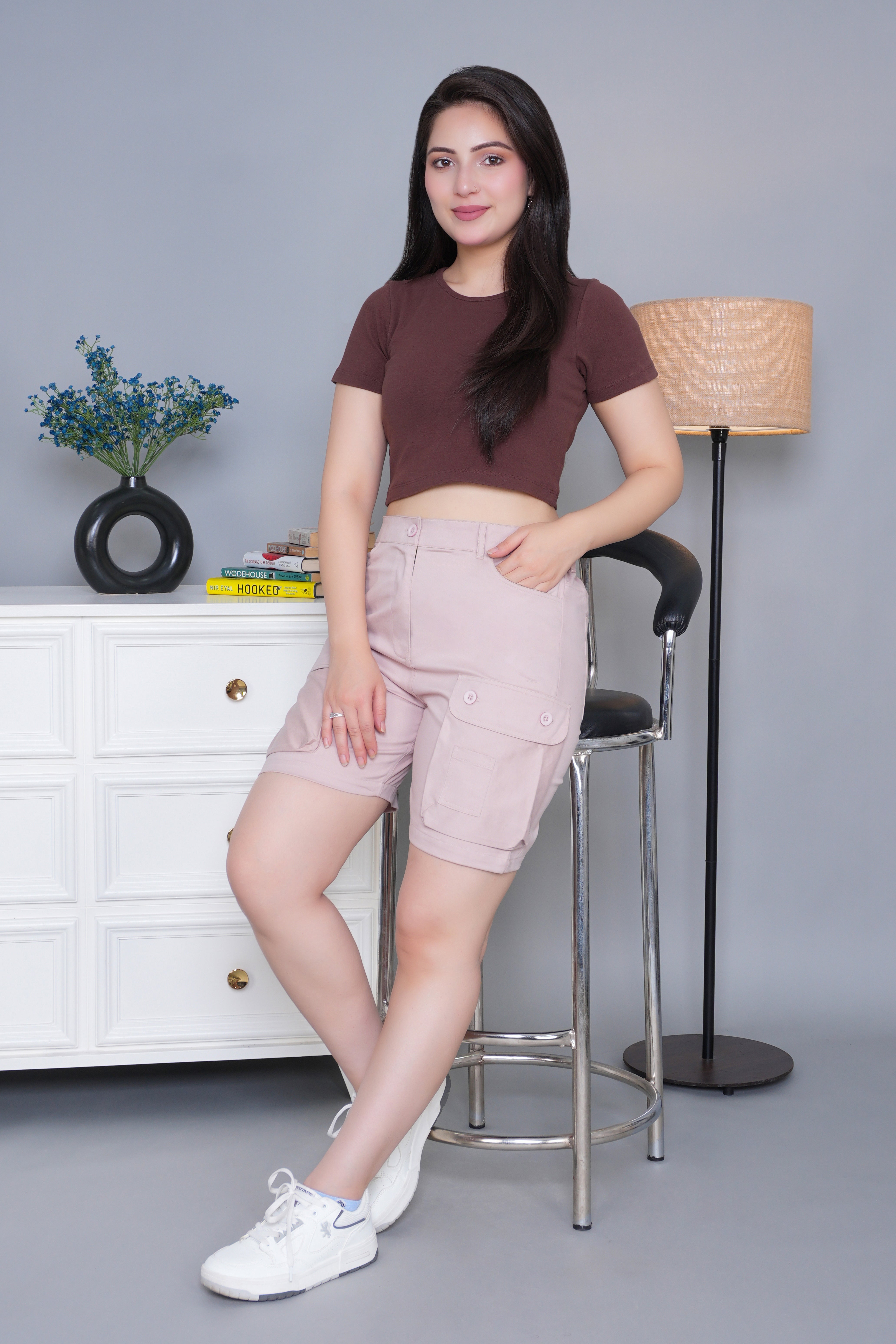 Peach stretchable biowash USA HQ cotton travel shorts with superior elastic belt.