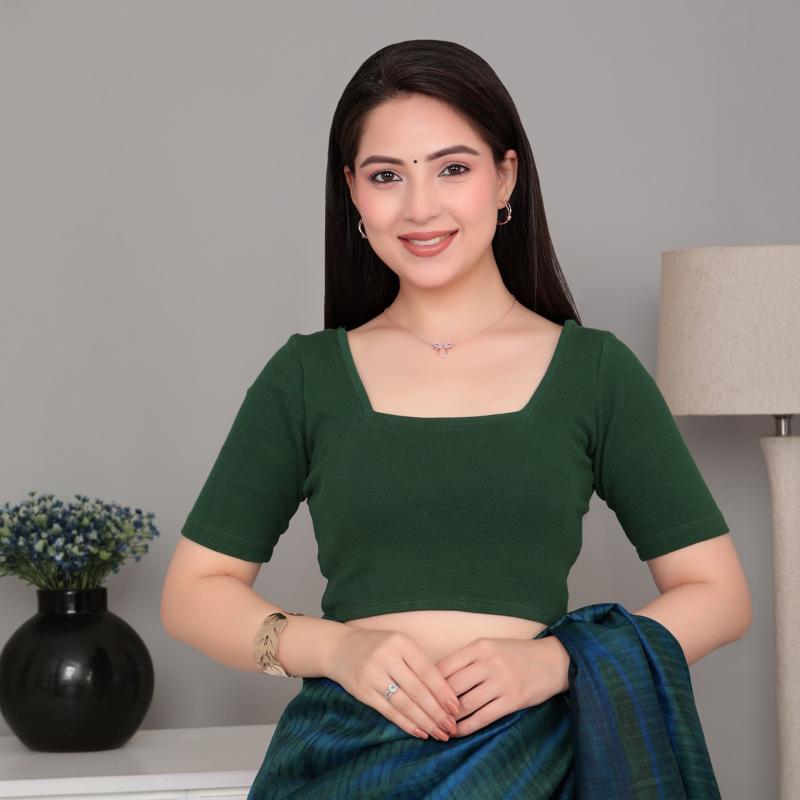 Bottle Green Rib Square Neck Half Sleeve Blouse [ 100% USA HQ Cotton, 280 GSM non transparent fabric ] (Copy) (Copy) (Copy) (Copy)