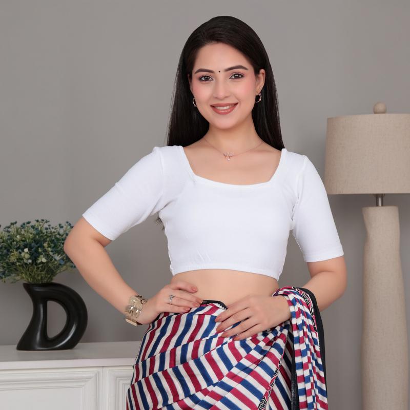 White Rib Square Neck Half Sleeve Blouse [ 100% USA HQ Cotton, 280 GSM non transparent fabric ]