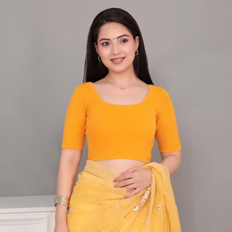 Mustard Rib Square Neck Half Sleeve Blouse [ 100% USA HQ Cotton, 280 GSM non transparent fabric ]
