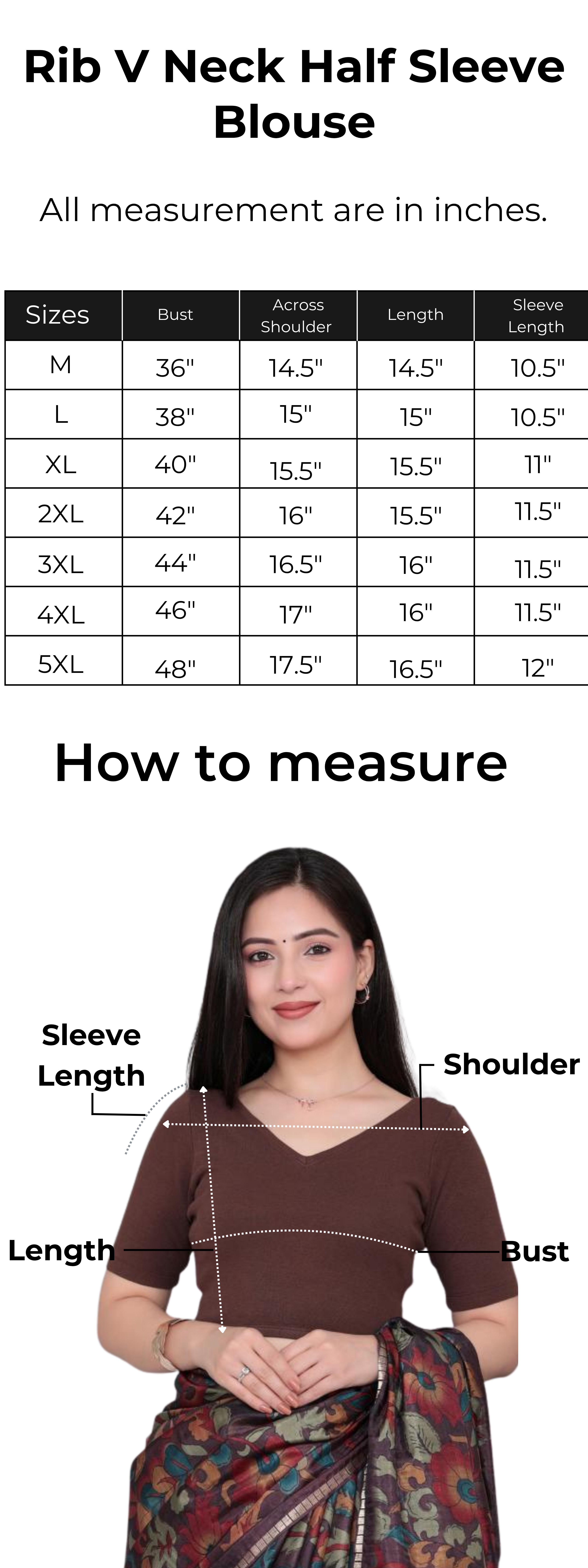 Black Rib V Neck Half Sleeve Blouse [ 100% USA HQ Cotton, 280 GSM non transparent fabric ]